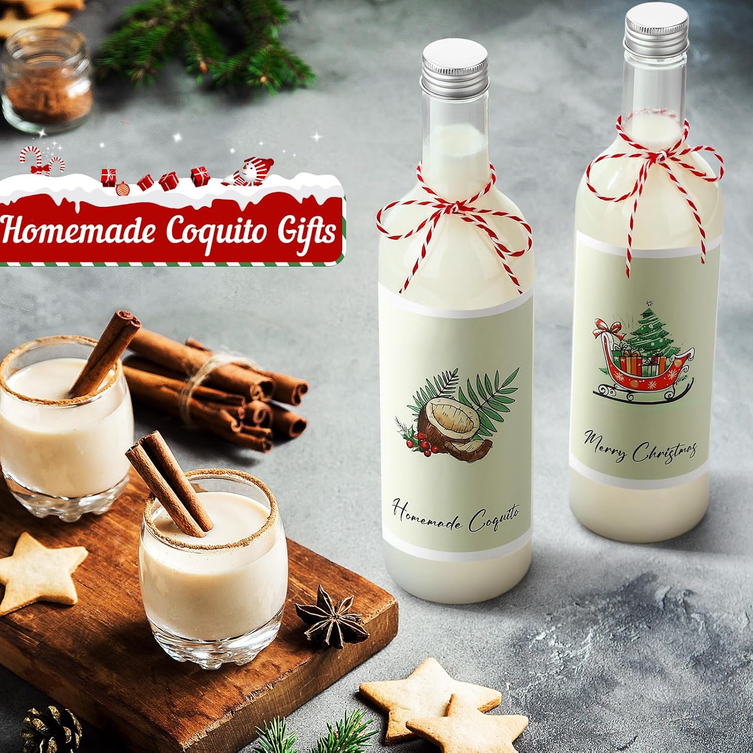 Havawish 20 Sets 25 oz Christmas Coquito Plastic Wine Bottles for Homemade 750ml Airtight Empty Clear Coquito Liquor Bottles with Lid and Labels Stickers for Holiday Gifts Home Decorations(Elegant)