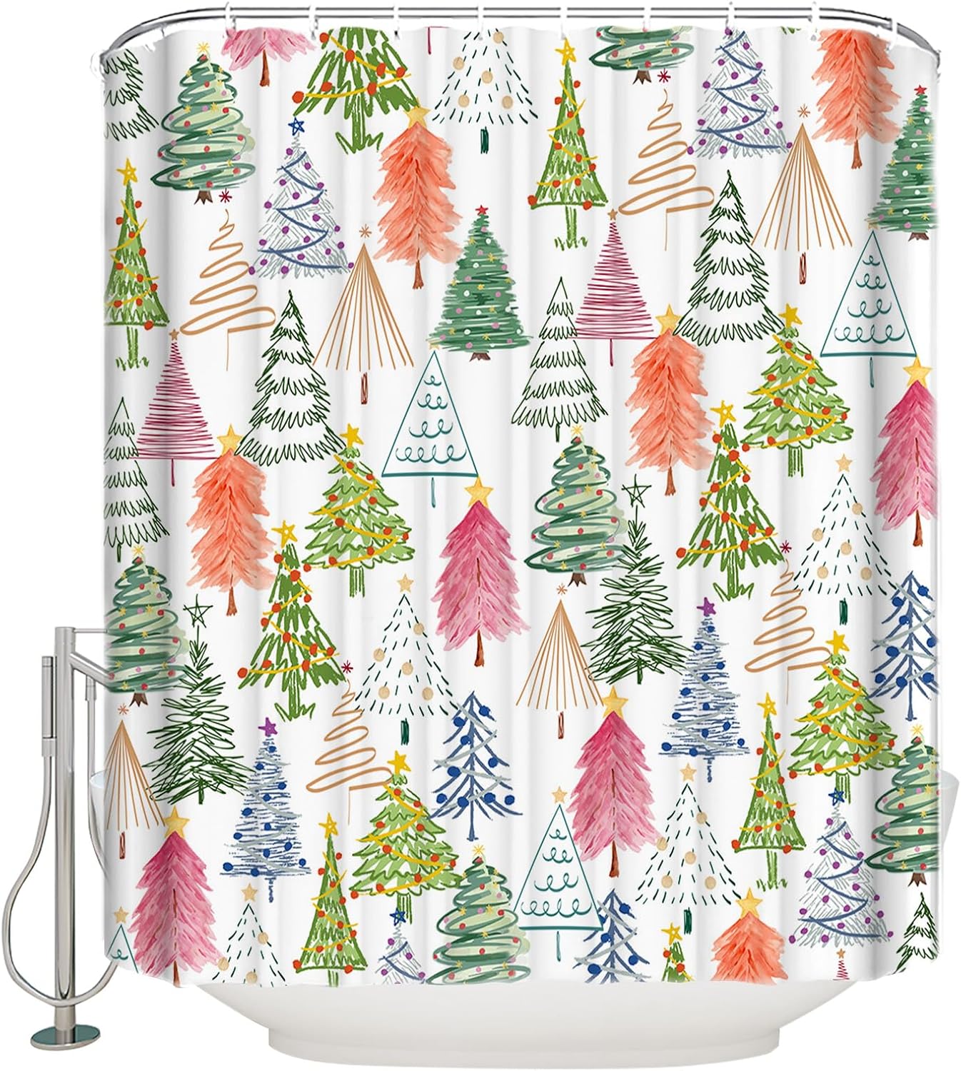 PIEPLE Christmas Tree Shower Curtain, Waterproof Washable Boho Funny Cute Shower