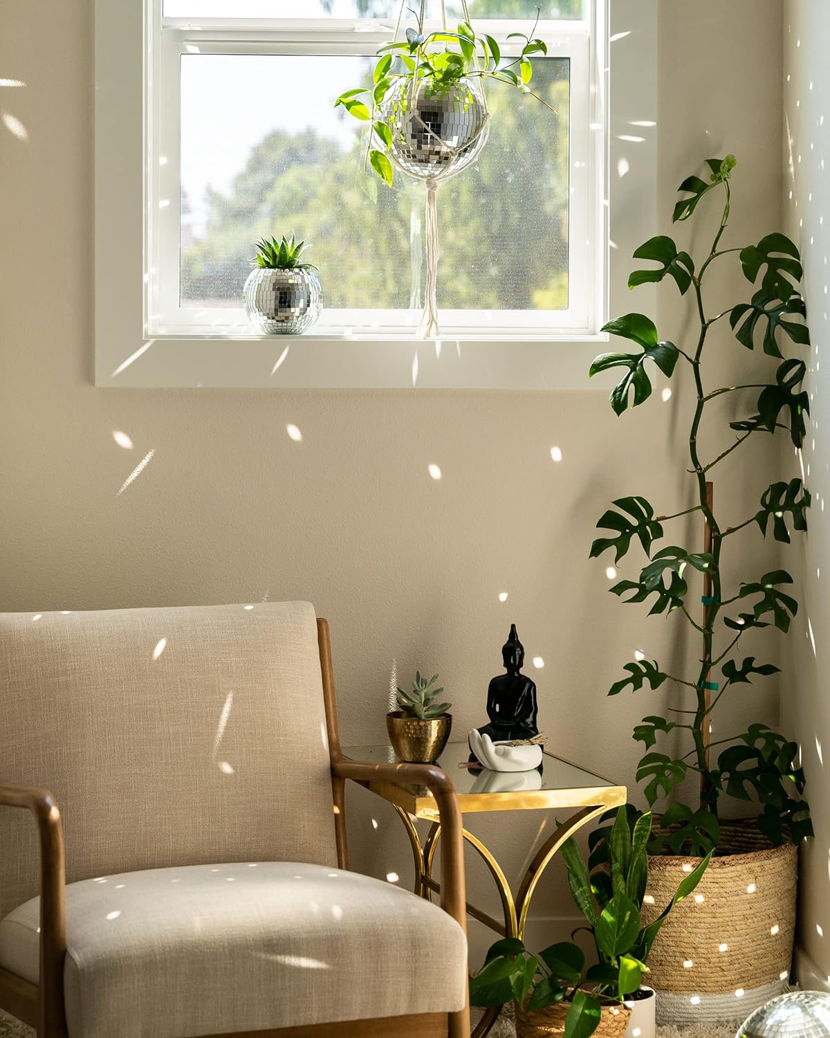 Hanging Disco Ball Planter 8" - with Acrylic Stand and Macrame Plant Hanger - Home Décor, Room Décor, Mirror Disco Planter, Disco Decor (6" with White Hanger, Flat Base)