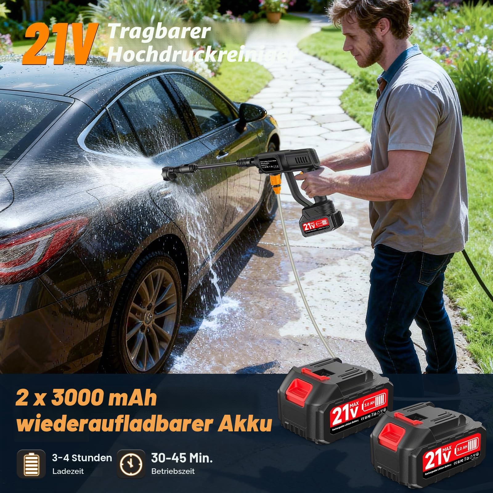 Akku Hochdruckreiniger 120 Bar 360 L/H | Tragbarer Pistole mit 2 x 3000mAh Akku | Waschpistole Mobiler 6 in 1 Verstellbare Düse 5M Schlauch für Auto Terrasse