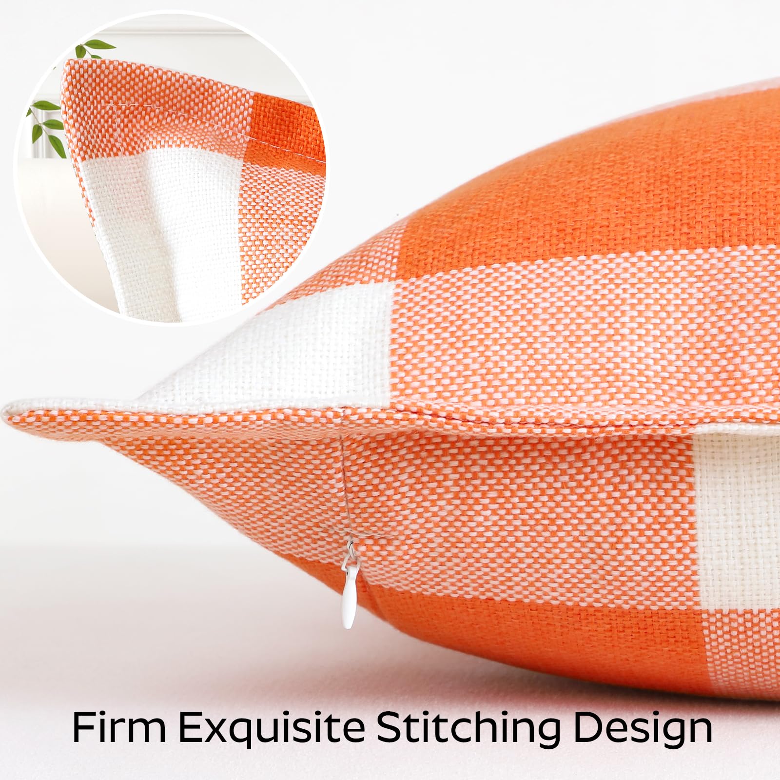 Sungeek Buffalo Check Plaid Cushion Covers 40 x 40 Set of 2 Linen Christmas Tartan Decorative Square Pillow Covers with Stitched Edge for Sofa Couch Bed Living Room 16x16 Inch (Orange and White) - Image 3