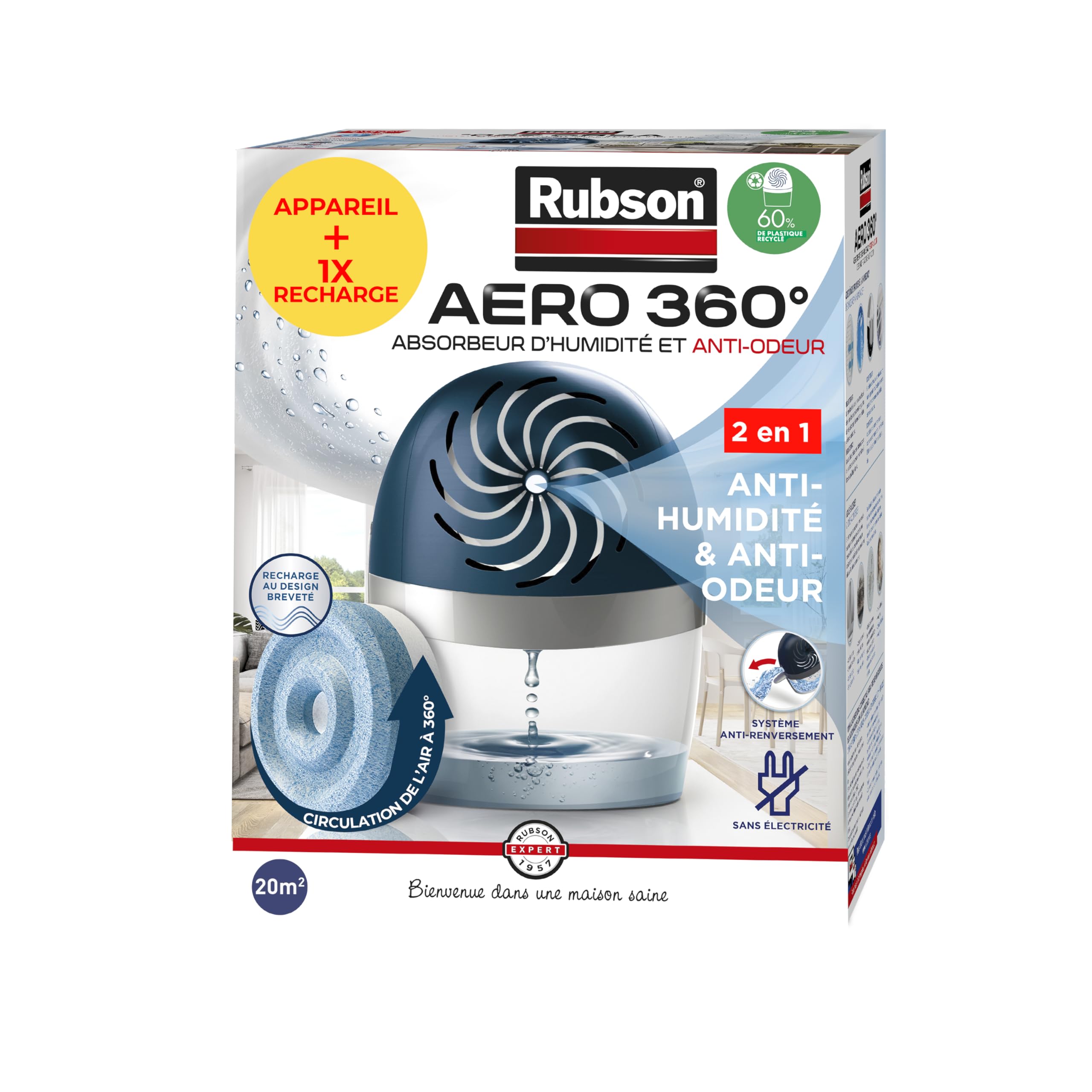 Rubson Aero 360°, Appareil Déshumidificateur d'air 20 m²+ Recharge de 450g