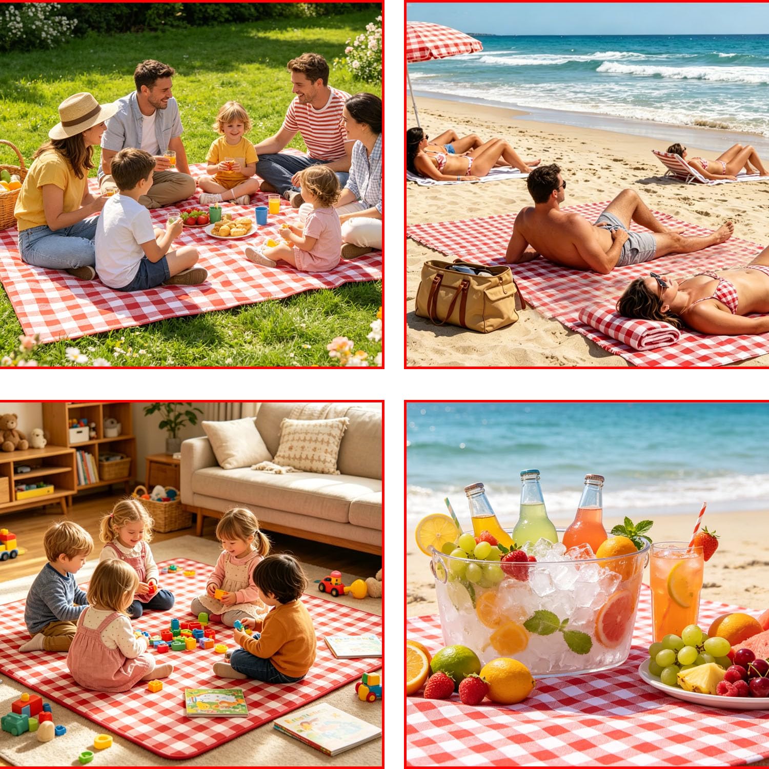 Coperta Pic Nic Impermeabile 200x200cm Rosso Pieghevole XXL per Esterni Campeggio Spiaggia