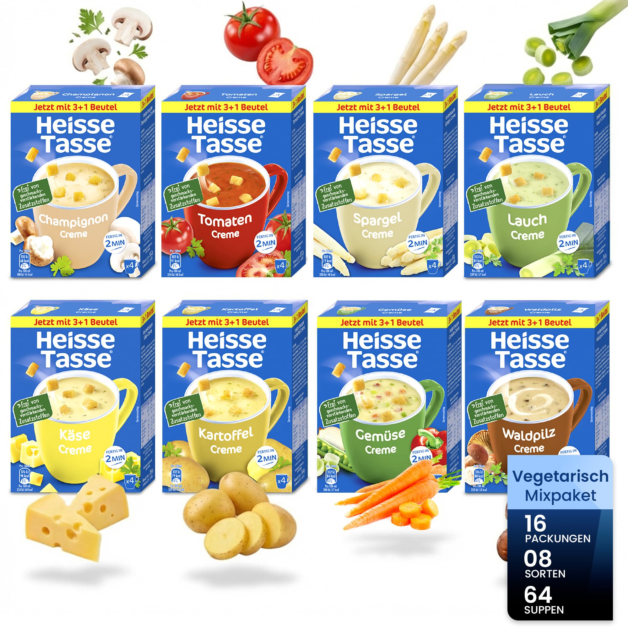 Mixpaket Vegetarisch - Erasco Heiße Tasse 16er Set (8 Gemüse Creme Sorten/jeweils 2x) – Fertiggerichte, Instant Nudeln & 5 Minuten Terrine – Suppenvielfalt – schnelle Mahlzeit für Zuhause & Büro