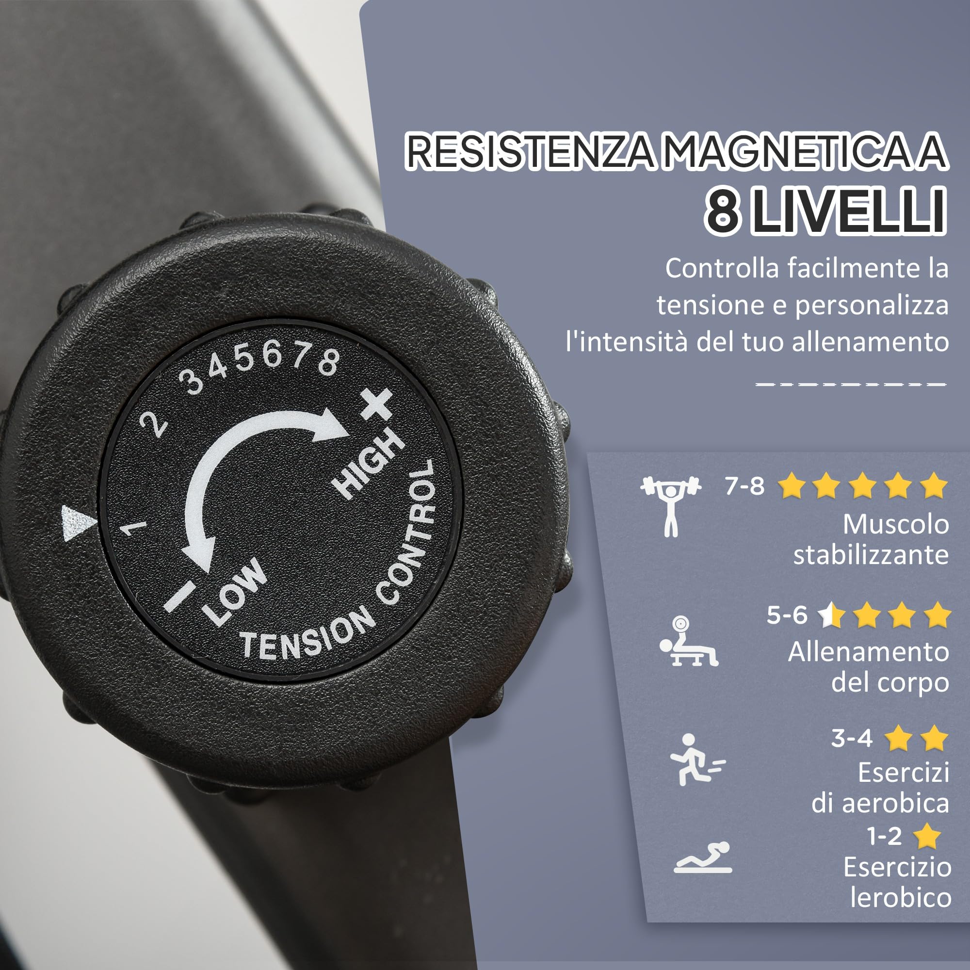 HOMCOM Cyclette Orizzontale con 8 Livelli di Resistenza e Seduta Regolabile, Cyclette Magnetica Professionale con Corde Elastiche e Porta Cellulare, Display LCD, per Riabilitazione Casa Anziani