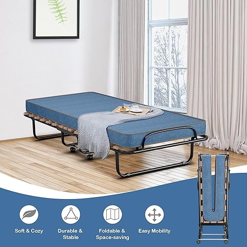 Miniatura 25 de HAPPYGRILL Cama enrollable, cama plegable con colchón de espuma viscoelástica de 5 pulgadas, marco de acero resistente, 4 ruedas universales, cama