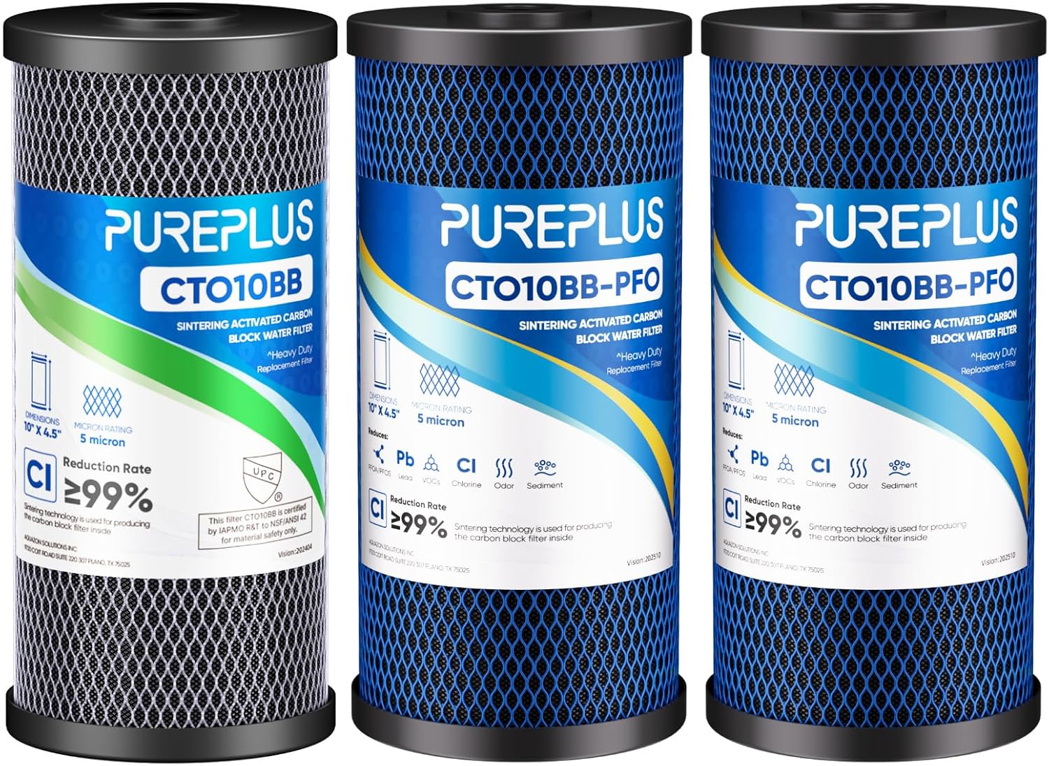 PUREPLUS 10" x 4.5" Whole House Water Filter Set – Includes 1 x Carbon Block Filter and 2 x PFAS Reduction Water Filters, 5 Micron Filtration, 3 PACK