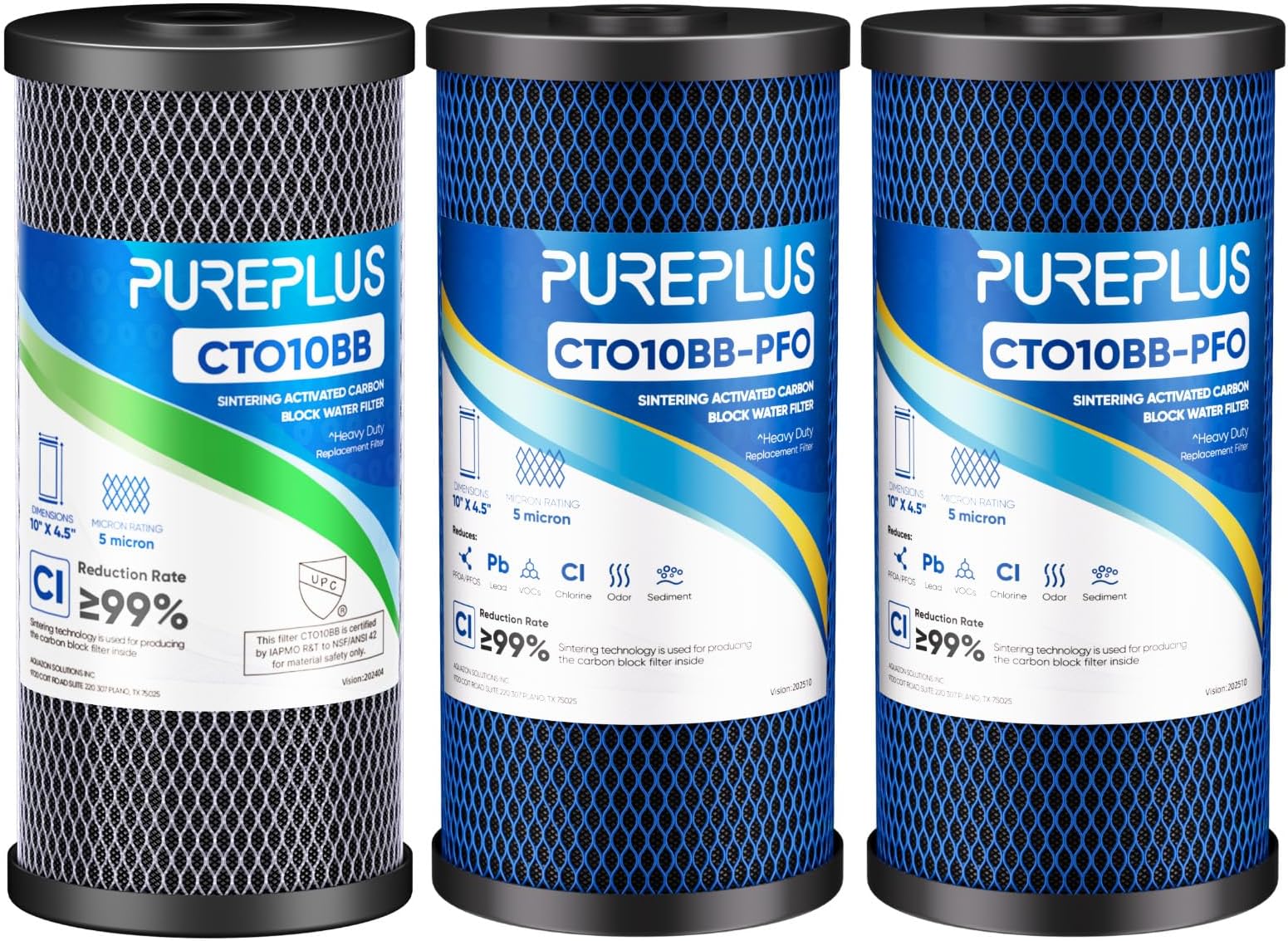 3-Pack Whole House Water Filter Set – Includes 1 x CTO10BB Carbon Block Filter and 2 x CTO10BB-KDF Carbon + KDF Heavy Metal Filters, Fits 10" x 4.5" Housings