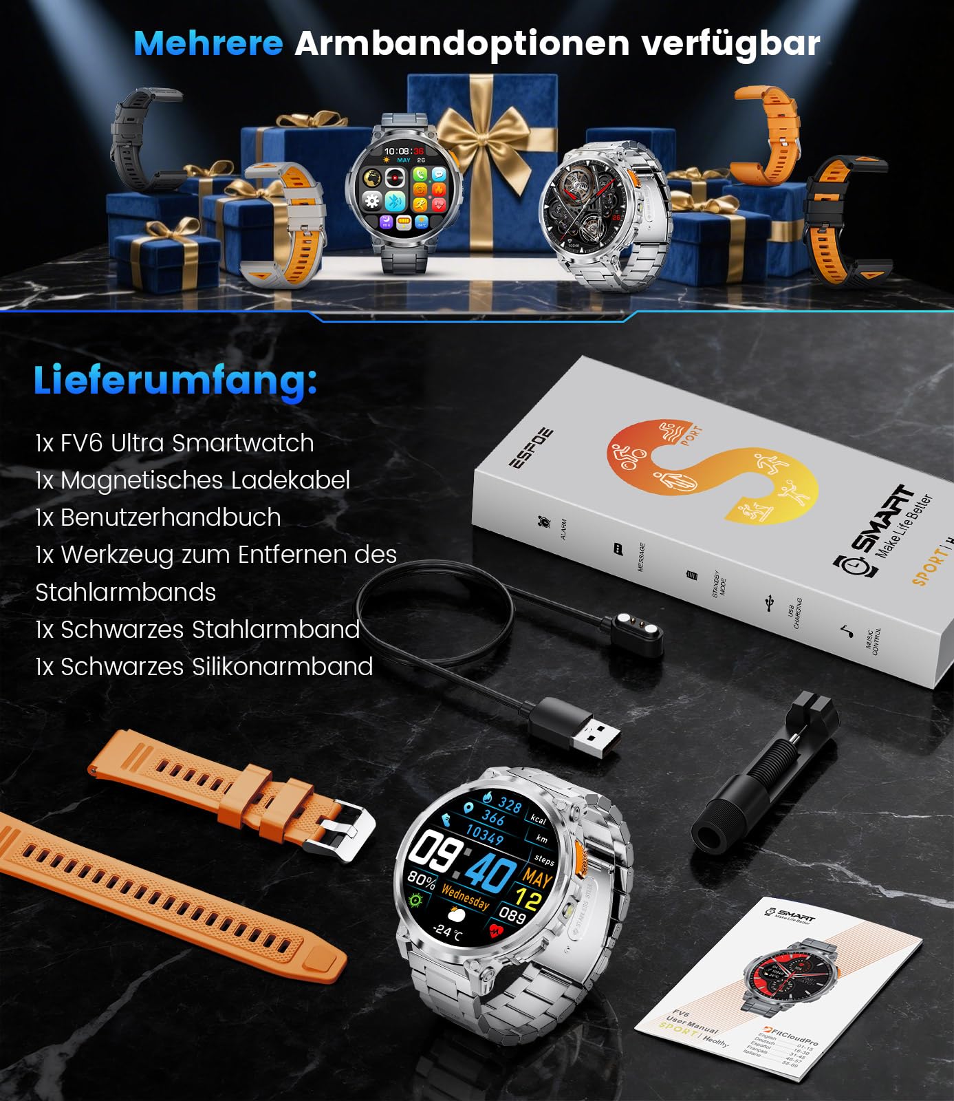 ESFOE Smartwatch Uomo Militare con 1000mAh/Torcia LED,1.85" Orologio Smart Watch con Chiamate Bluetooth,5ATM Impermeabile Tracker Attività 130+ Sportive/Cardiofrequenzimetro Argento Platino