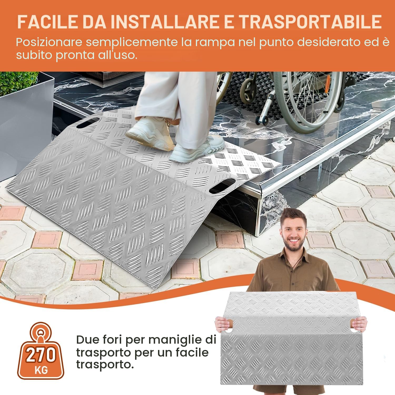 Rampa per soglia della porta, per sedia a rotelle, rampa per soglia, rampa di accesso, rampa a ponte per sedia a rotelle, ponte per soglia, rampa a ponte, rampa per sedia a rotelle in