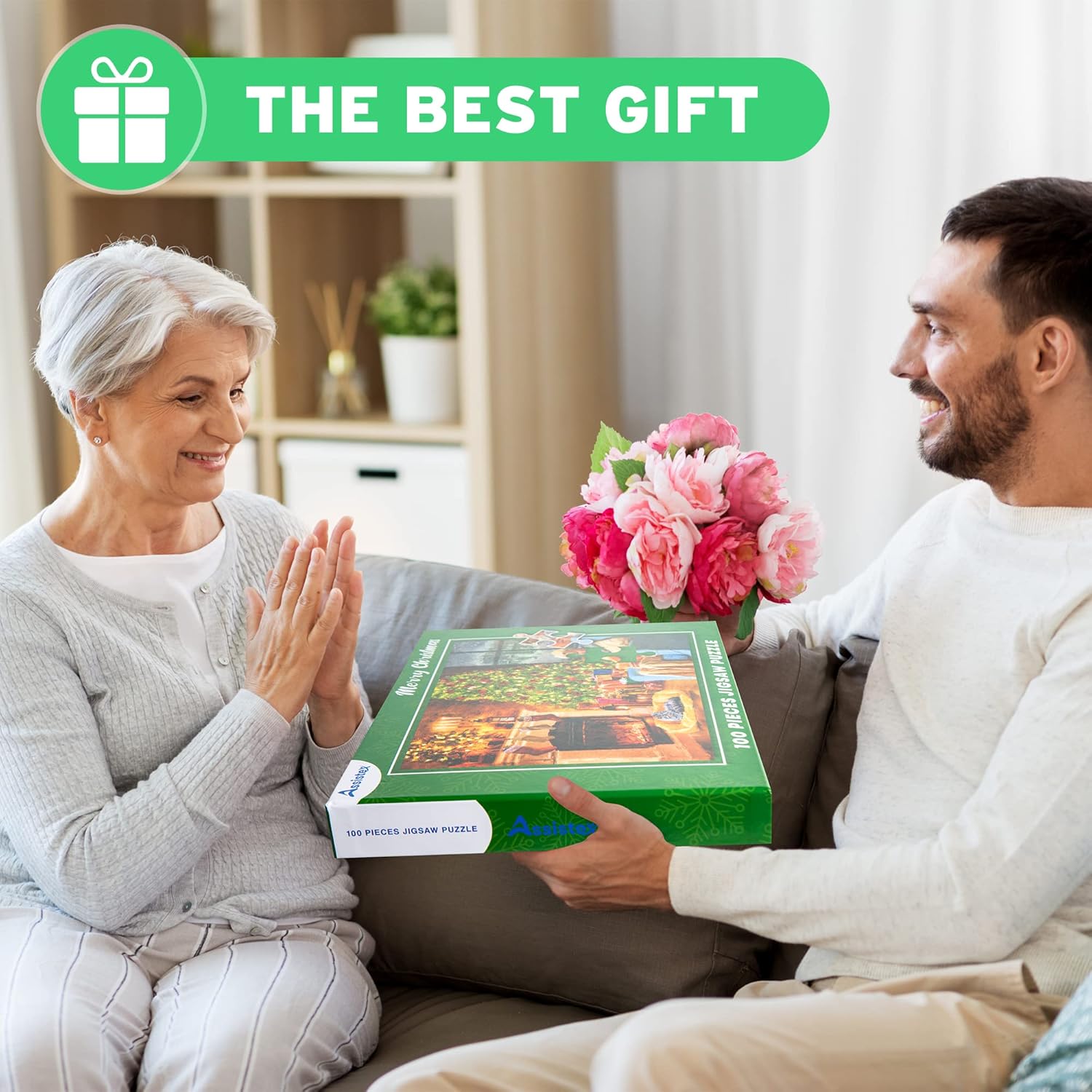 Assistex Large Piece Jigsaw Puzzle for Seniors with Dementia with Conversation Prompts, Large Piece Memory Game for Adults, Elderly, and Dementia Patients – Christmas Puzzle, 100 pcs