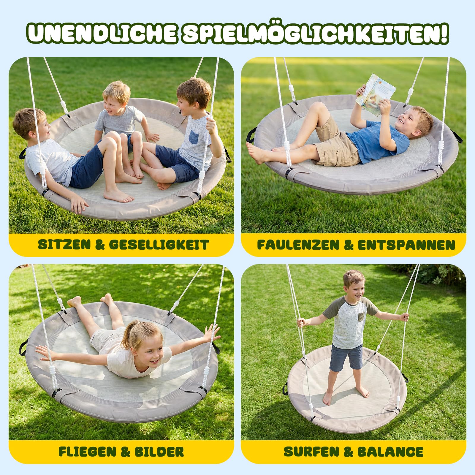 Trekassy Nestschaukel 120cm Tellerschaukel 300kg 900D Oxford wasserfeste Kinderschaukel Garten 2 Schaukel Gurte 3M verstellbare Hängeschaukel Indoor Outdoor Kinder (Sand)