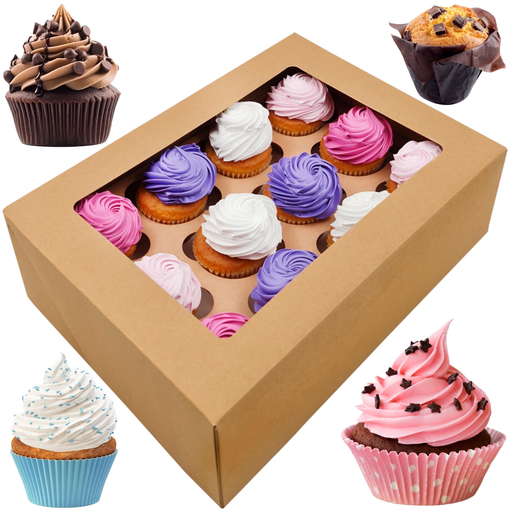 Cajas para cupcakes Kraft Bakery con ventana, 33 x 24 x 10 cm, paquete de 12 recipientes de transporte + 12 insertos para cupcakes, cajas rectangulares para tartas, gruesas y resistentes, 400 g/m²