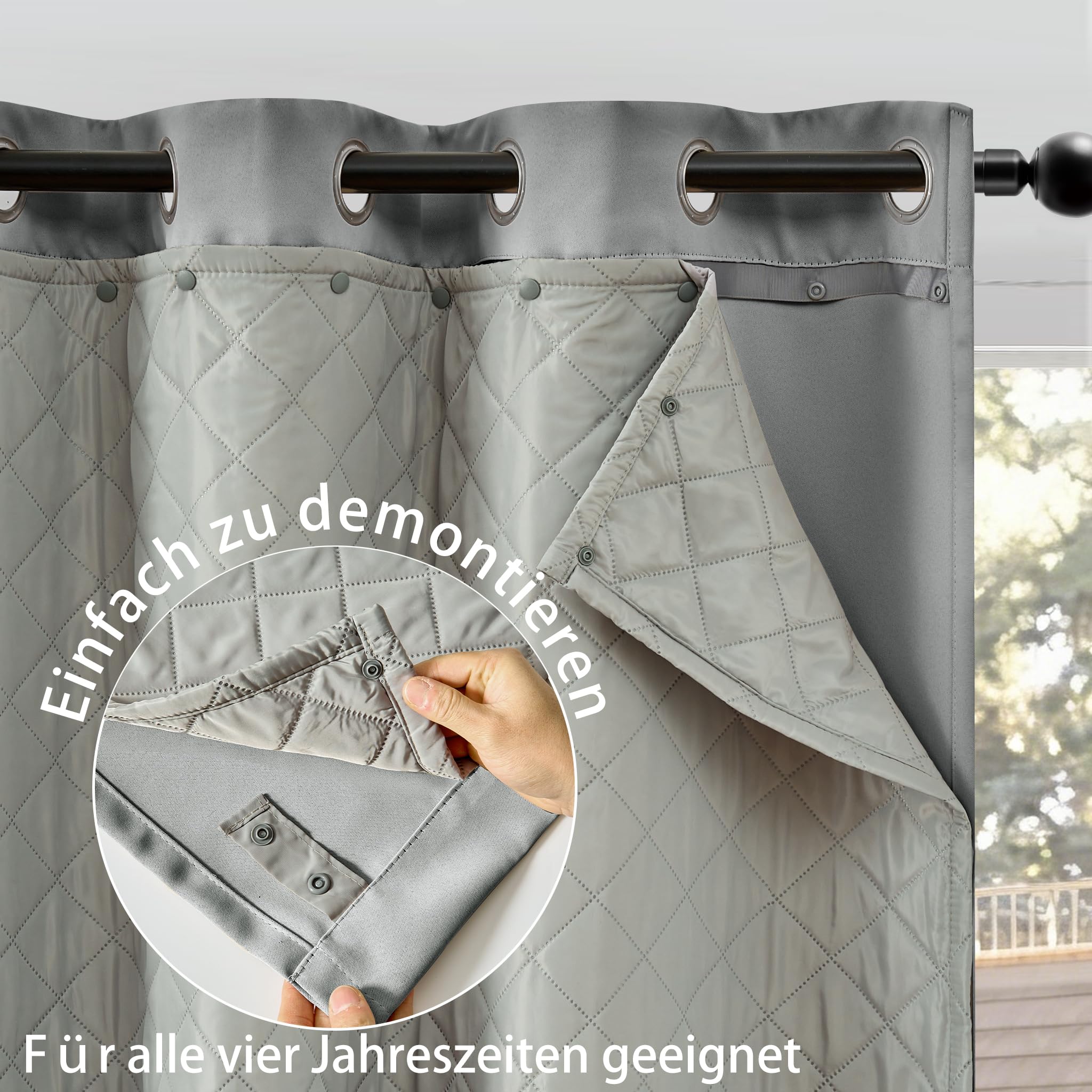 TOPICK Thermovorhang Kälteschutz doppelten Gardinen Ösen H260xB200 1 Stück | Gardinen Wohnzimmer Hellgrau Türvorhang Verdunklungsvorhänge Schlafzimmer Vorhänge mit abnehmbare Schicht Curtain living room