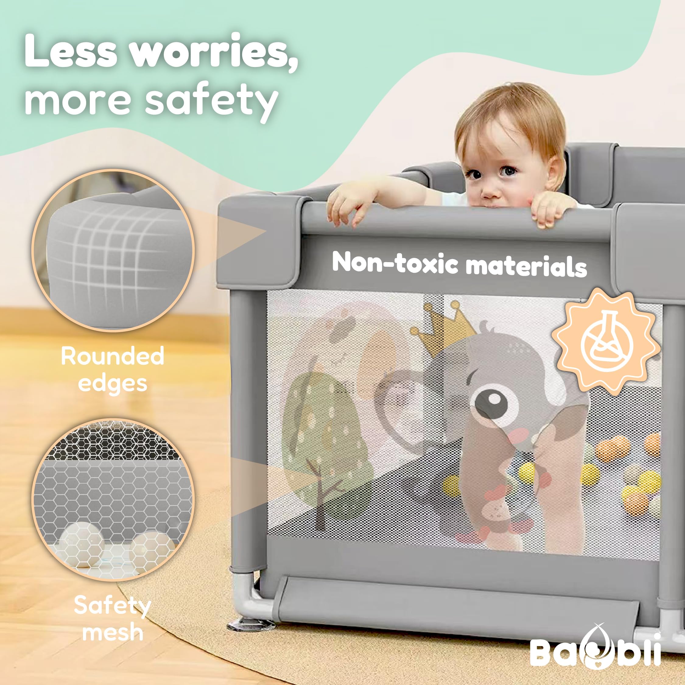 Kojec dla dzieci + mata dla dzieci + 60 piłek + uchwyty + torby transportowe - kojec dla dzieci z oddychającą siatką - plac zabaw dla dzieci - Playpen dla dzieci (150x180cm)