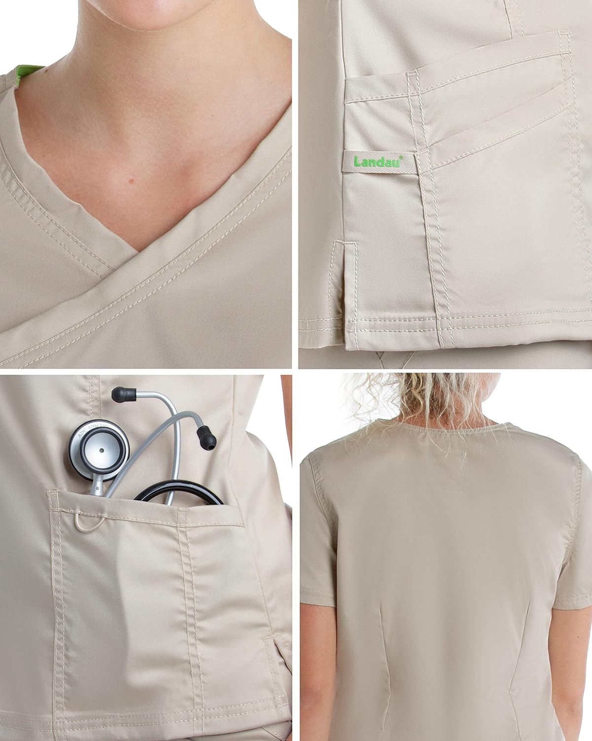 Landau Proflex Tailored Fit Stretch 3-Pocket Mock Wrap Scrub Top for Women 4161 Black - Image 4