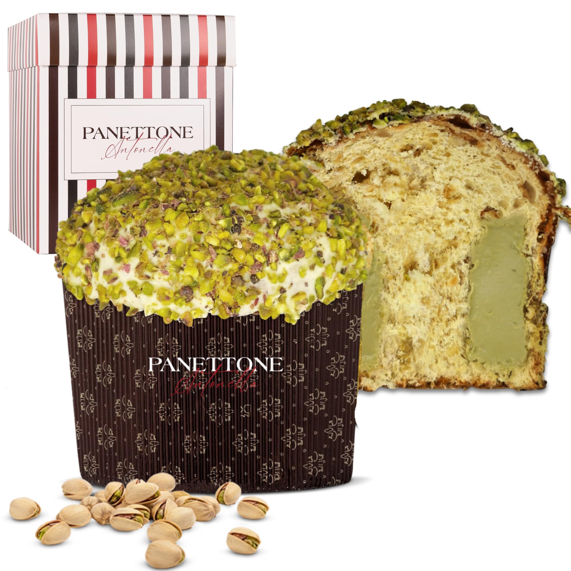 Panettone Antonella Pistacho 1100 gramos | Panetone Artesano de Masa Madre relleno de Crema de Pistachos y Turrón de Jijona | Sin Conservantes Ni Colorantes | Dulce Navideño | Receta Tradicional