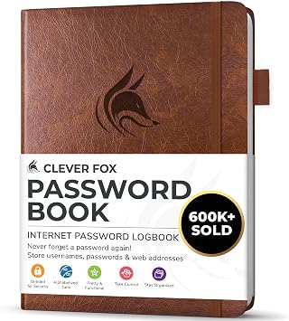 Clever Fox Password Book with Alphabetical Tabs, 10.5x14 Keeper Brown