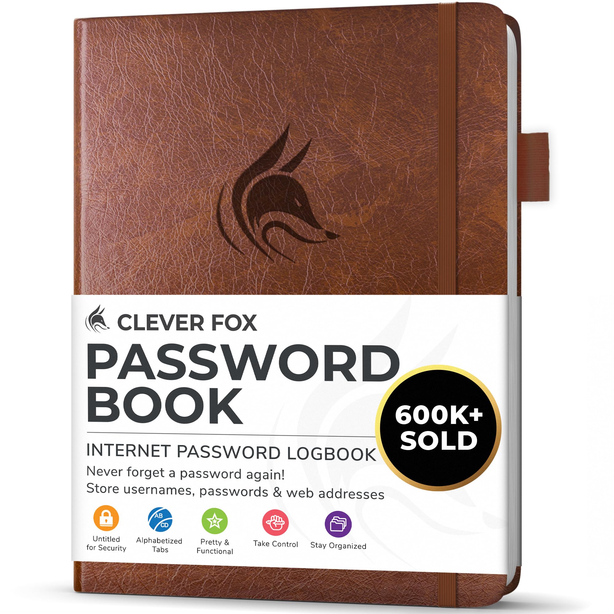 Clever Fox Password Book with alphabetical tabs. Internet Address Organizer Logbook. Small Pocket Password Keeper for Website Logins (Brown)