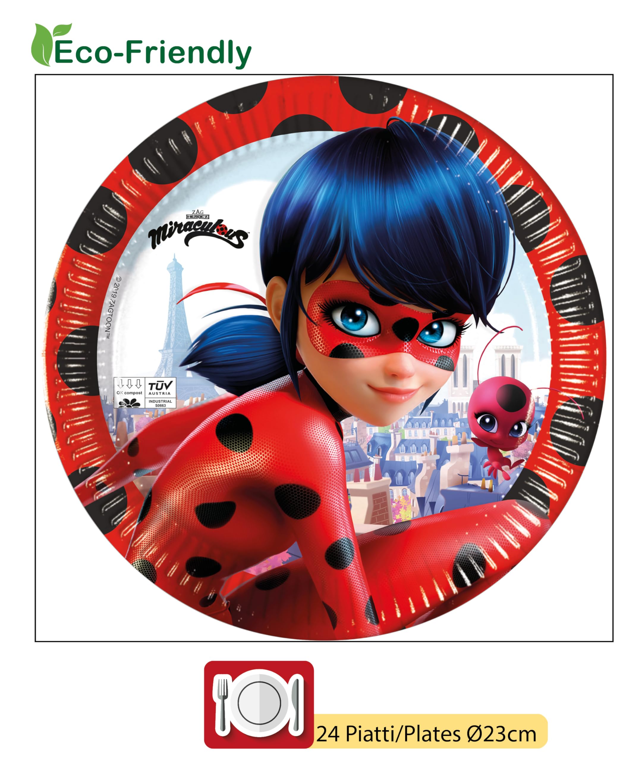 Kit Party Tavola Miraculous Ladybug per 24 persone (88 pezzi: 24 piatti Ø23cm, 24 bicchieri 200ml, 40 tovaglioli 33x33cm)