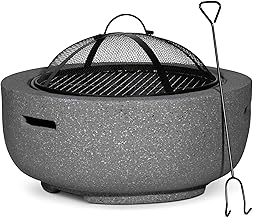 Dellonda Round MgO Fire Pit with BBQ Grill, Ø60cm, Safety Mesh Screen - Dark Grey - DG189