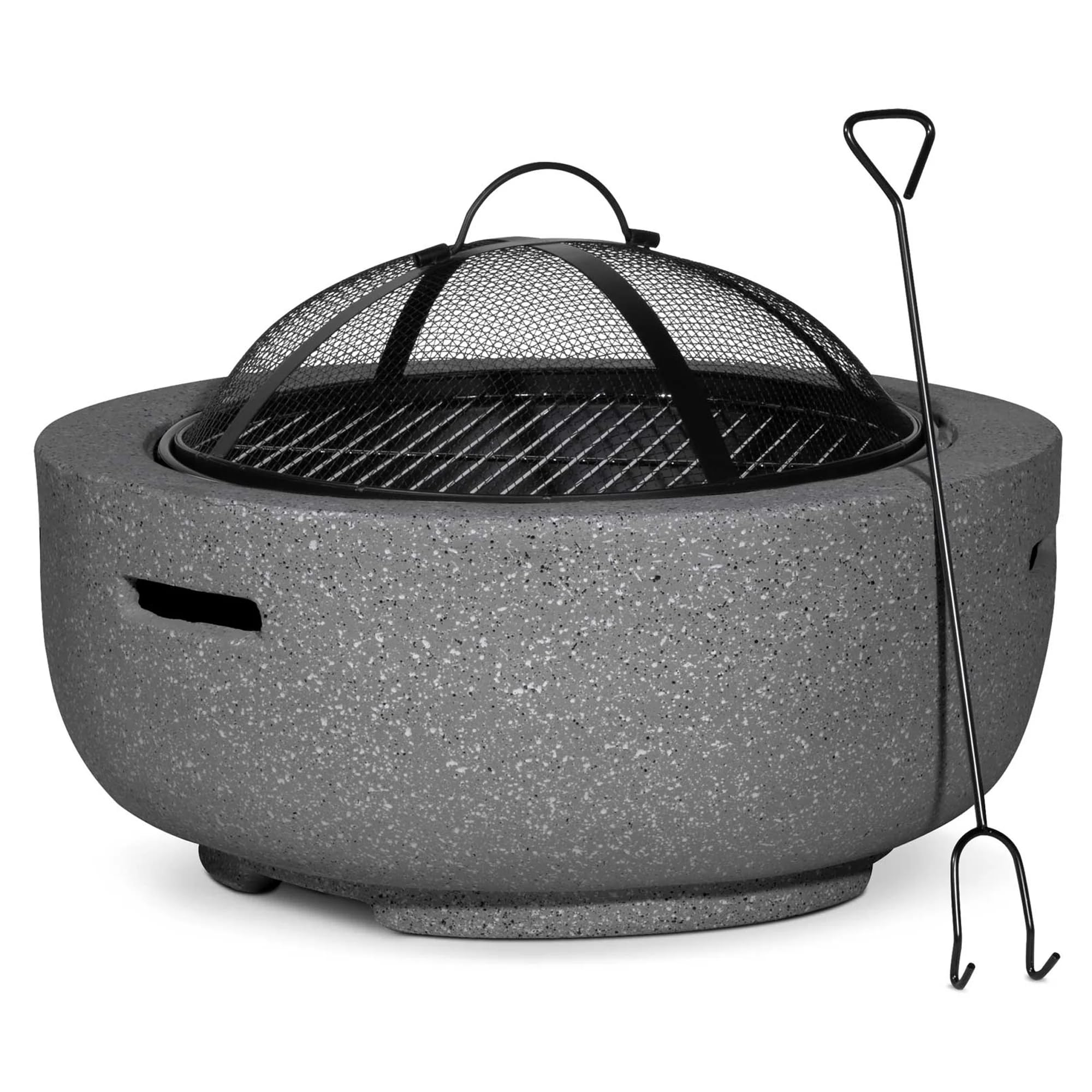 Dellonda Round MgO Fire Pit with BBQ Grill, Γ60cm, Safety Mesh Screen - Dark Grey - DG189