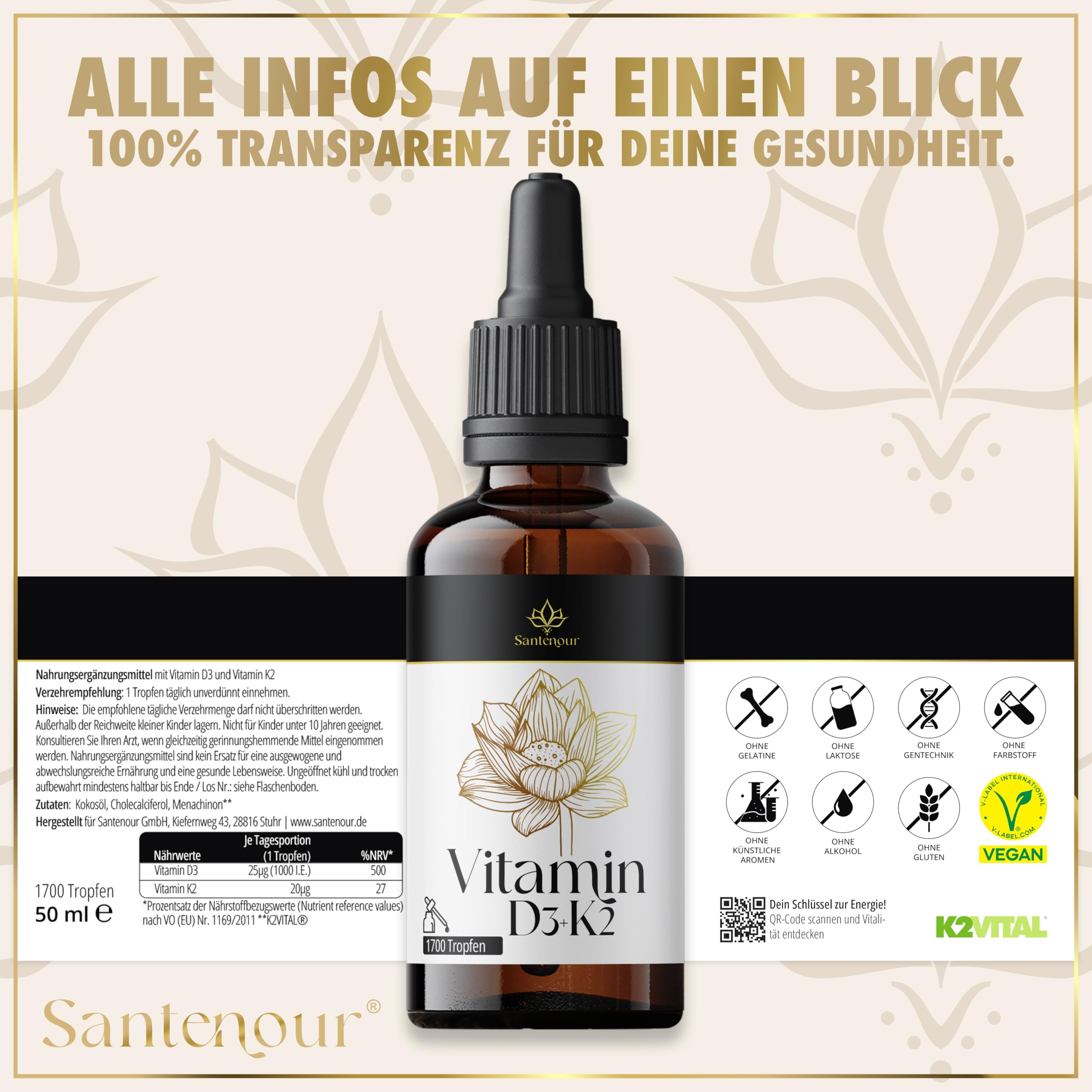 Vitamin D3 + K2 Tropfen - 50ml - 25 µg Vitamin D3 & 20 µg Vitamin K2 pro Tagesdosis - hoch bioverfügbar mit Kokosöl - vegan, alkoholfrei, ohne Gluten, Laktose, Gelatine