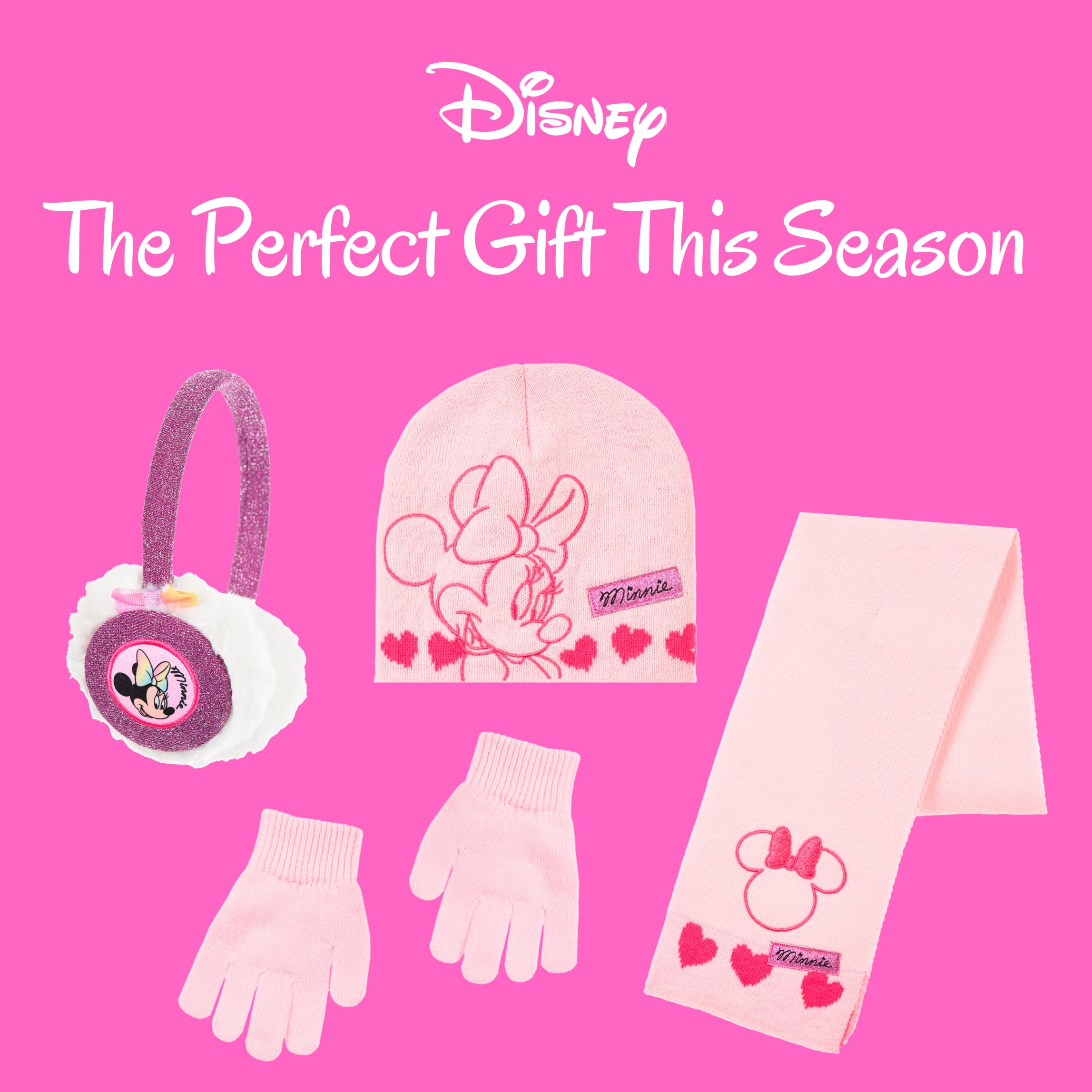 Disney Minnie Mouse Gorro Bufanda Guantes y Orejeras para Niñas, Diseño Brillante Gorro de Invierno Infantil, Regalo para Niñas