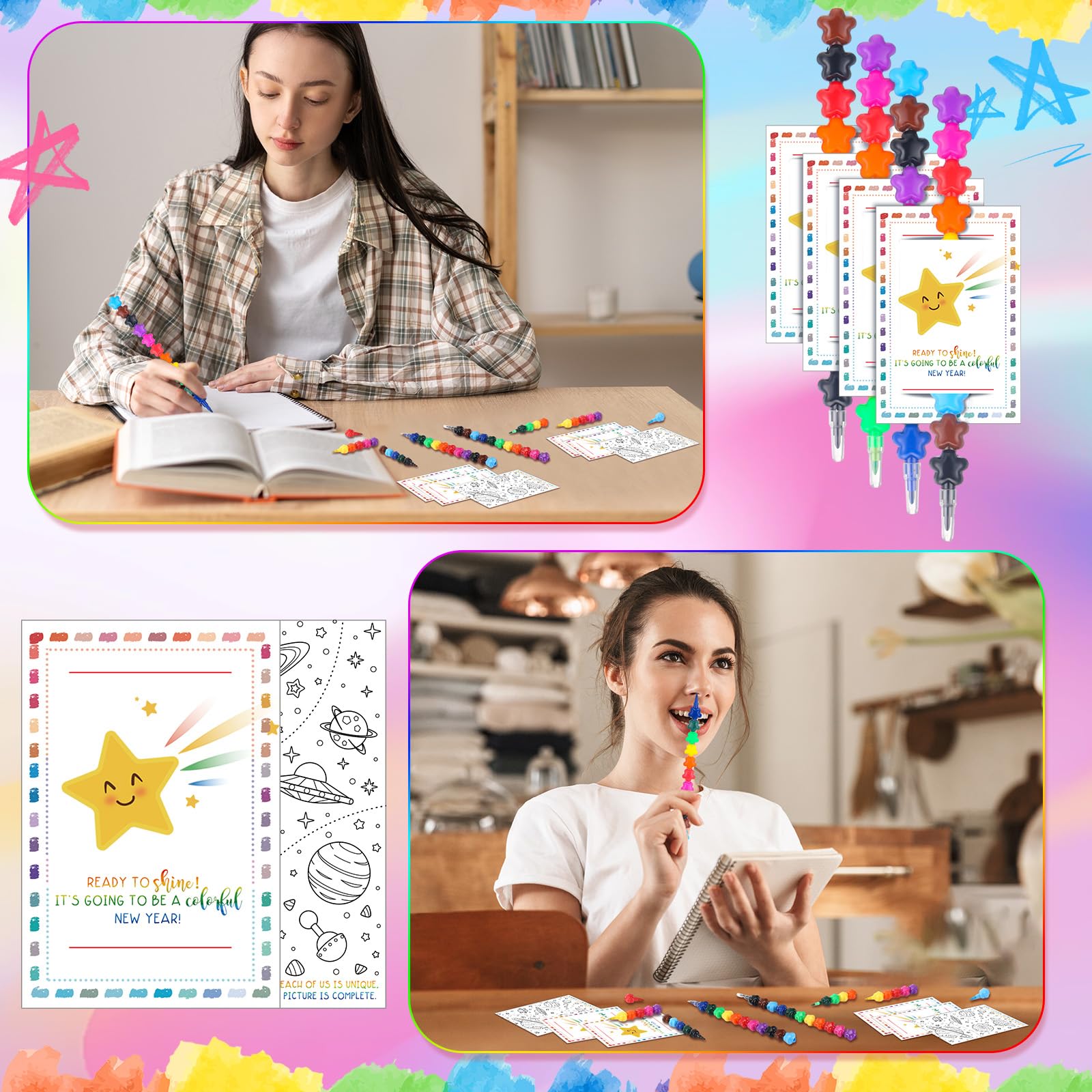 Sayglossy Stapelbare Buntstifte in 12 Farben und doppelseitiger Malkarte, 2025, Geschenk für Schüler, Geschenk für Lehrer, Großpackung für Schule, Klassenzimmer, 24 Sets