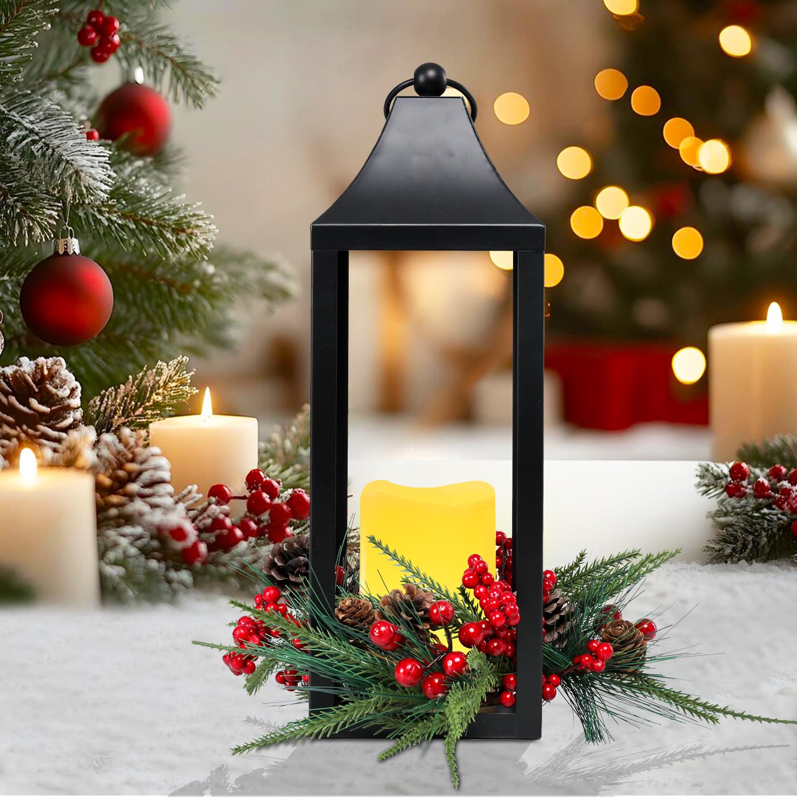 Lot de 2 lanternes de Noël décoratives pour intérieur, extérieur, 40,6 cm, lanternes à bougie décoratives sans flamme avec pommes de pin et baies pour centres de table, maison, porche