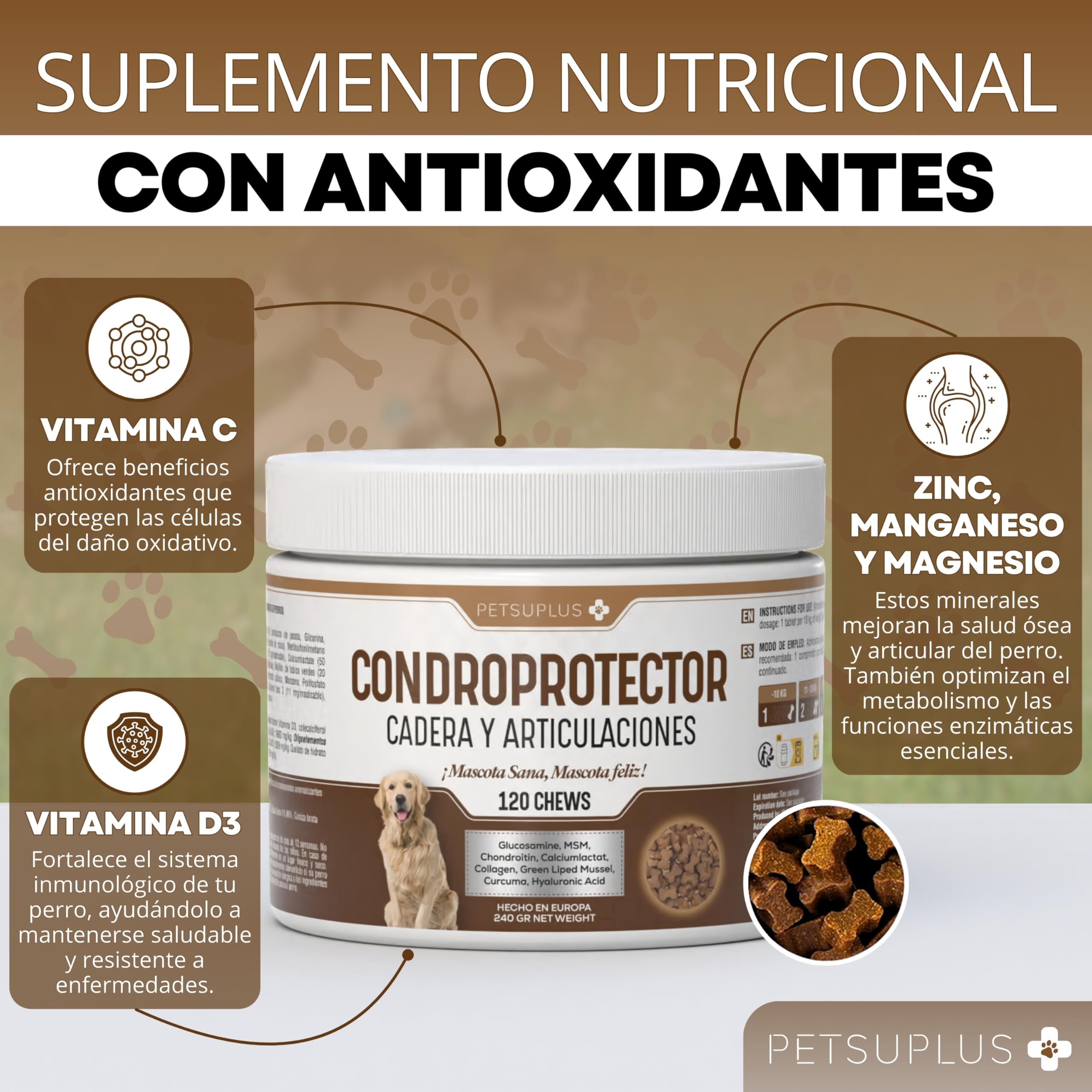Condroprotector Perros - Glucosamina, MSM, Condroitina, Colageno, Acido Hialuronico - Fortalece los cartilagos y Protege Las articulaciones - Antiinflamatorios Naturales - 120 masticables