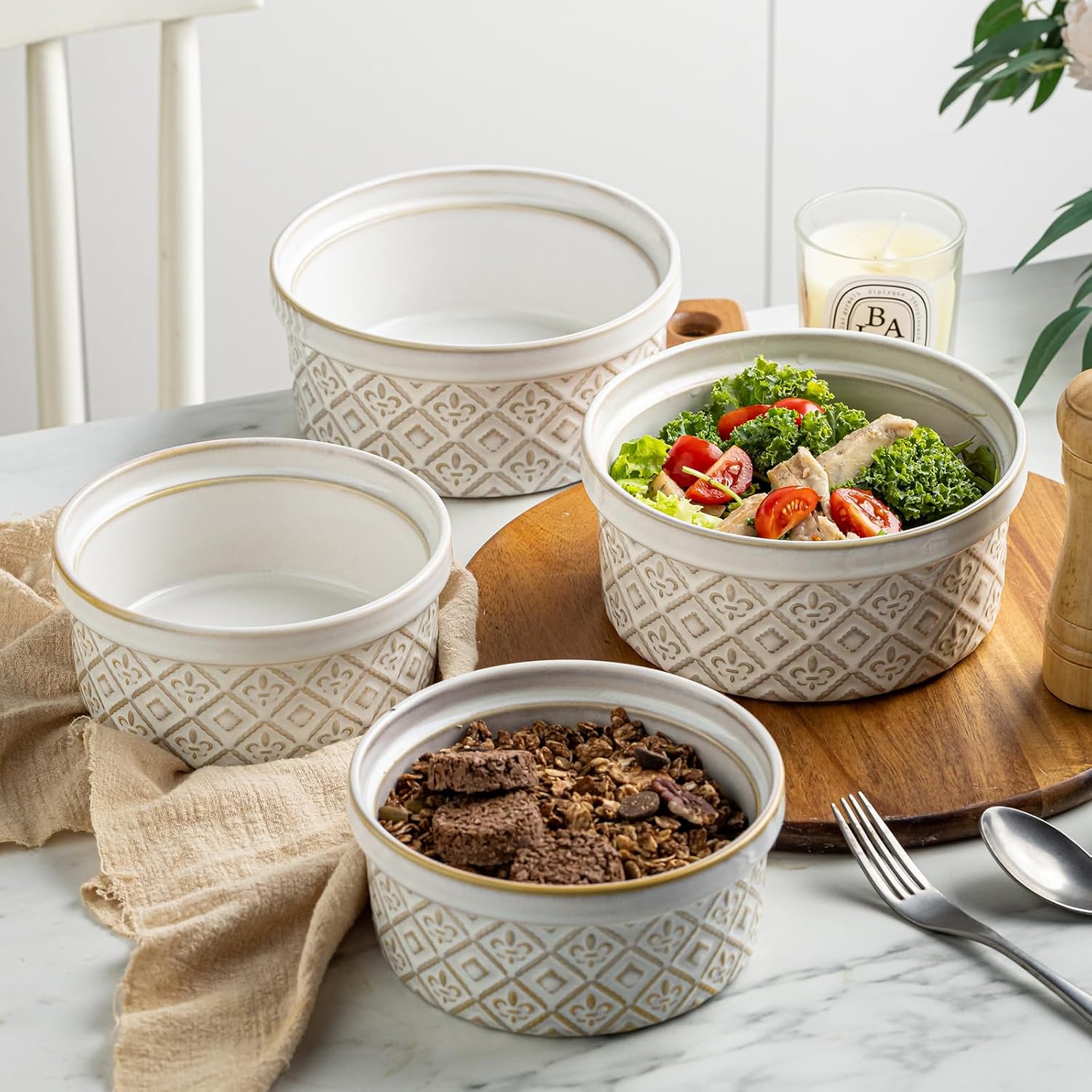 28 Oz + 9 Oz Bowls Set with Lids Oven Safe, Ceramic Salad Bowls for Kitchen, Preparing, Camping
