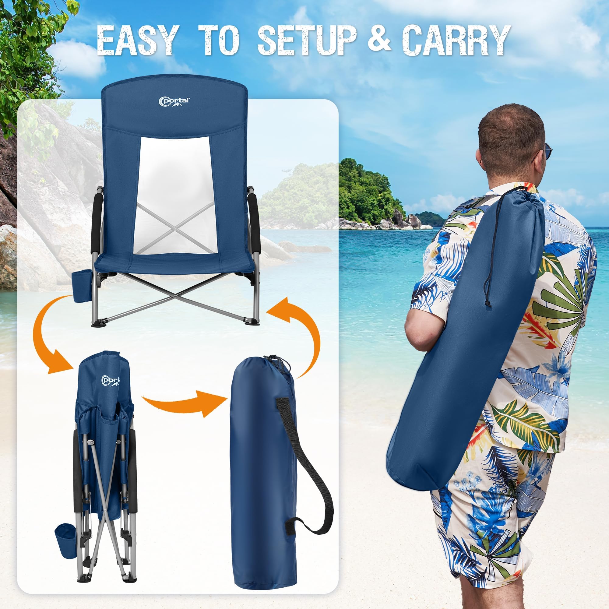 Portal Lot de 2 chaises de Plage pour Adultes - Dossier Haut - Pliantes - Légères - avec Porte-gobelet - pour Voyage, Concert, pelouse, Festival, supporte 181,4 kg