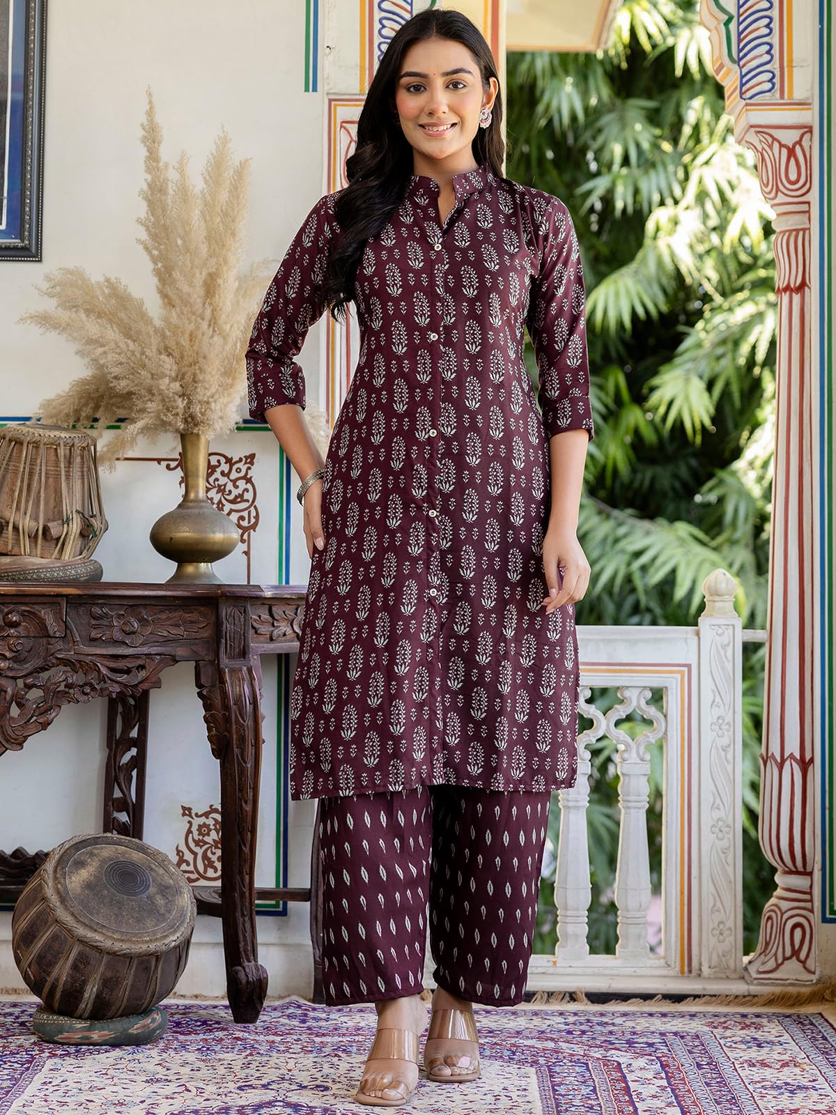 Sanisa Women's Rayon Printed Straight Kurta With Pant And Dupatta Set (238Kbd2520N-Xl_Wine & Grey)