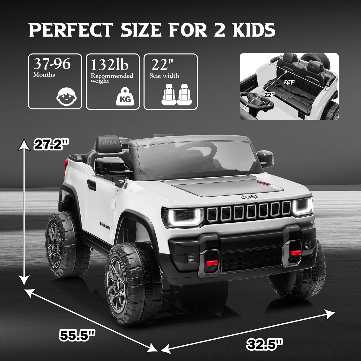 XL 24V Ride on Toys for Big Kids, Licensed Jeep Recon 2 Seater Ride on Car with Remote Control, 4WD Ride on Truck w/ 132lb Weight, Shock Absorption, Soft Start, Lights, Music (White)