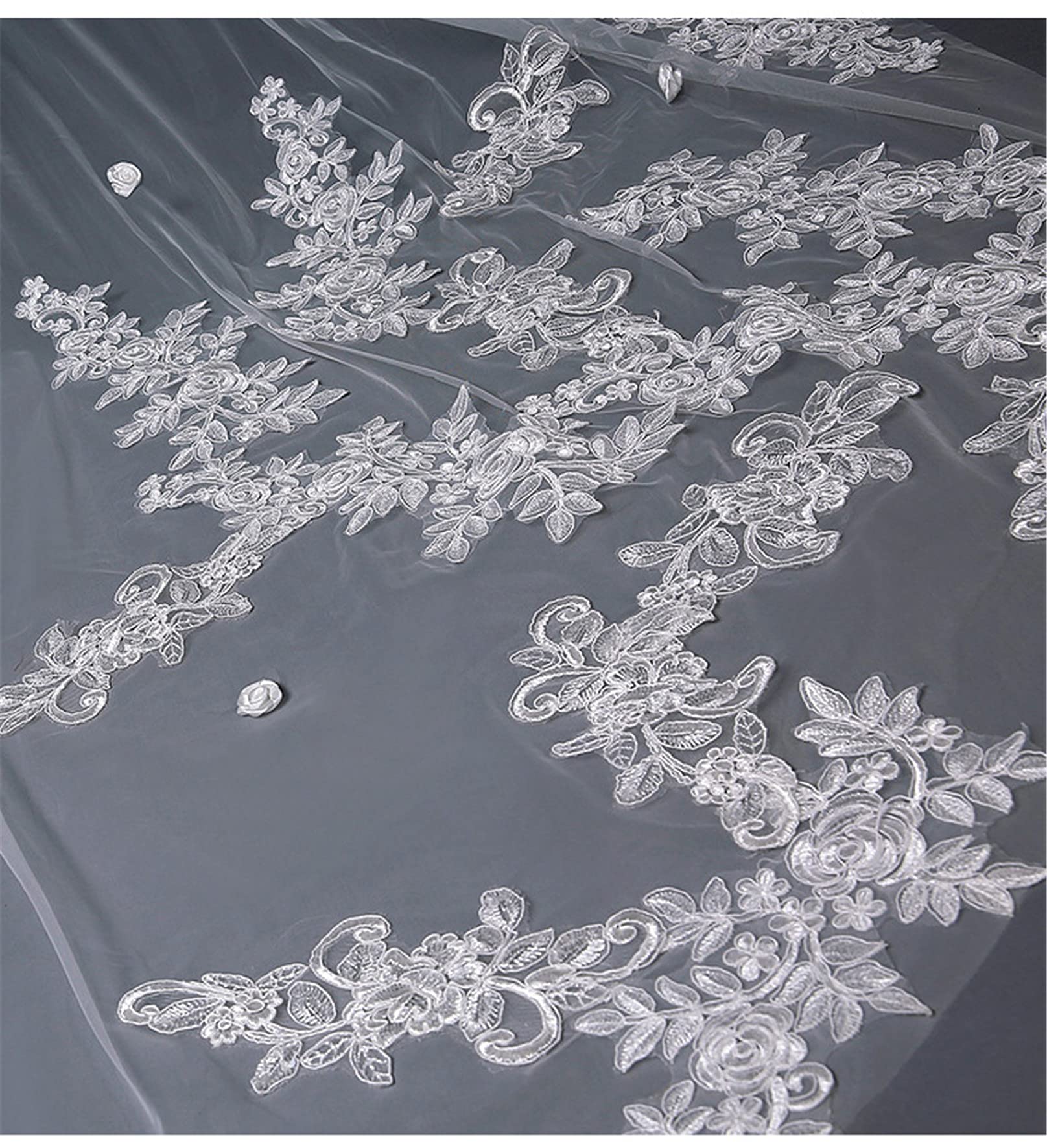 Velo Sposa Che Trascina Lungo Doppio Strato Veli da Sposa Fiore 3D Bordo Pizzo Applique Marry Chapel Accessori per Capelli Elegante Morbido Tulle con Pettine