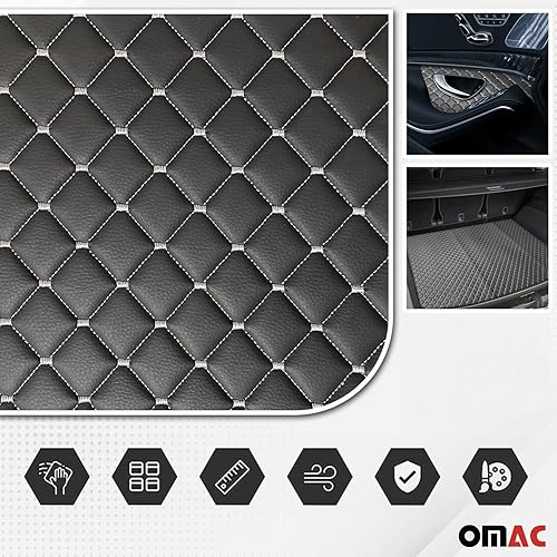 Miniatura 2 de OMAC Tapicería de cuero sintético gris en relieve con puntada plateada para automóvil, 1 yarda x 1.5 yardas