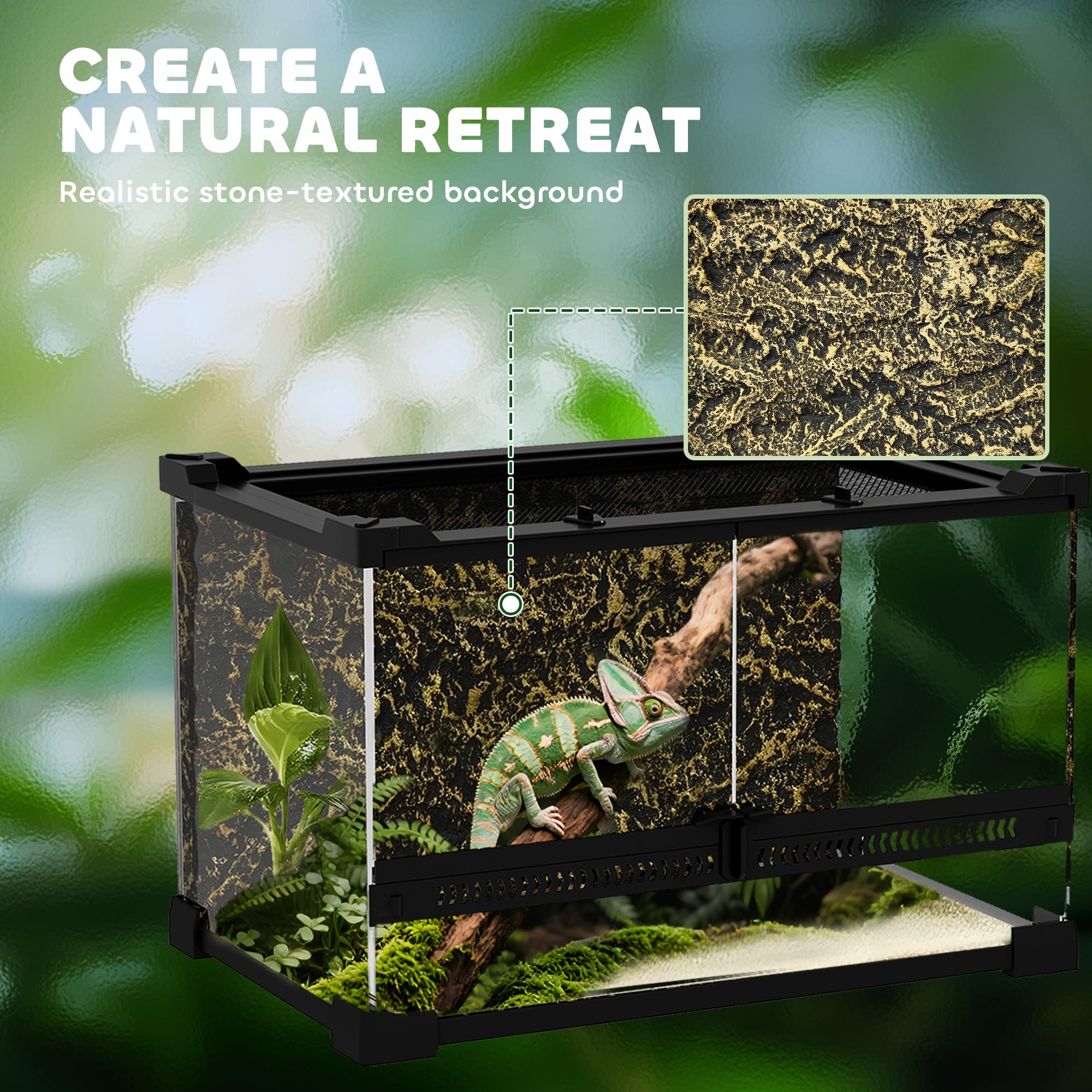 PawHut Reptielenglasterrarium 30x30x30 Cm - Stijlvol Vivarium Met Stenen Achtergrond En Veilig Slot