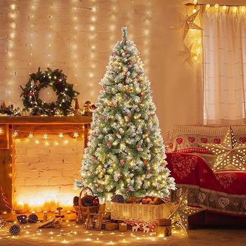 Miniatura 2 de GOFLAME Árbol de Navidad preiluminado de 6.5 pies, árbol de Navidad con bisagras con 909 puntas de ramas de PVC, 420 luces LED, 69 conos de pino y