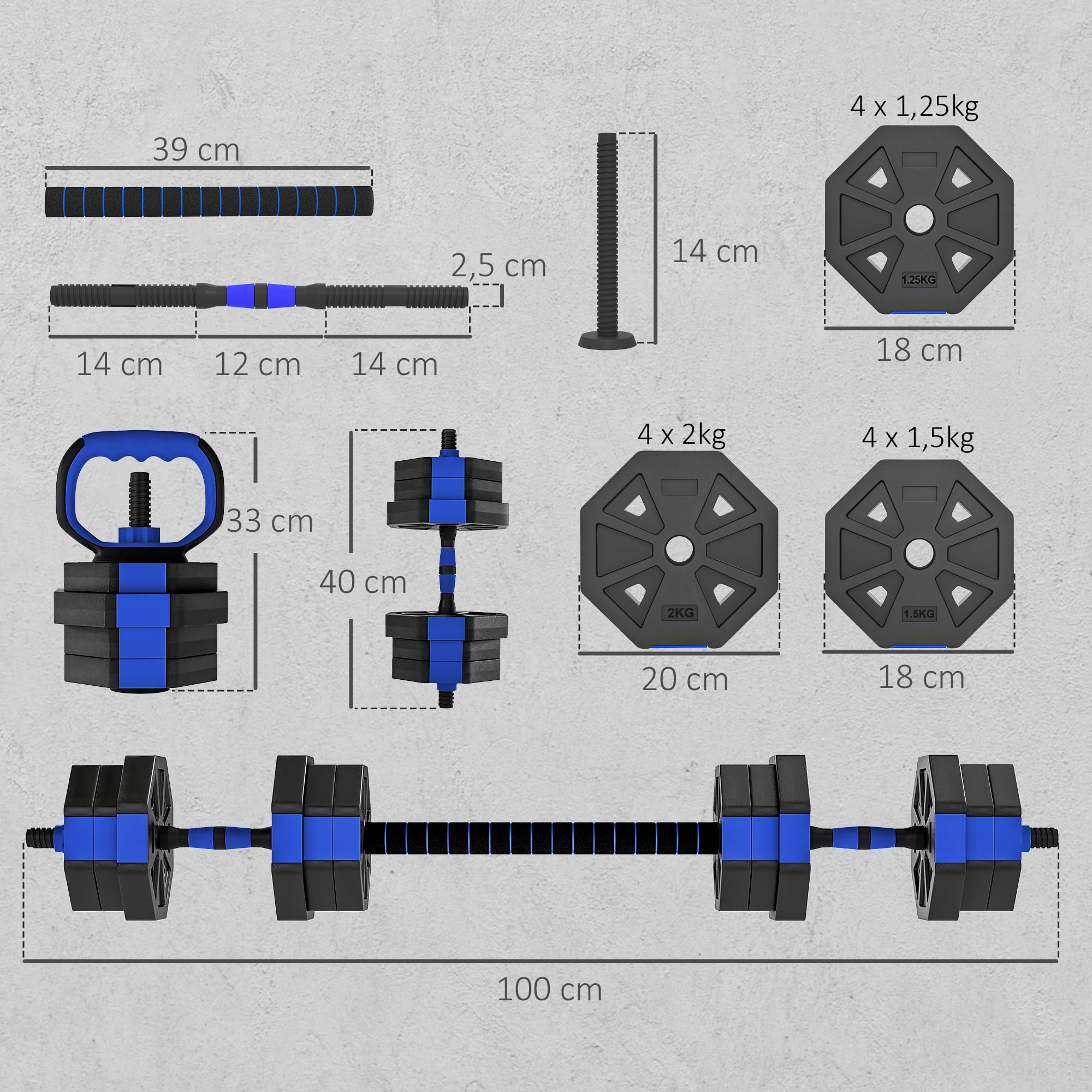SPORTNOW Zestaw hantli kulturystycznych 6 w 1, regulowane hantle 20/25/30 kg, antypoślizgowe, Kettlebell, drążek treningowy lub uchwyt na pompki do domowego fitnessu, niebieski i czarny