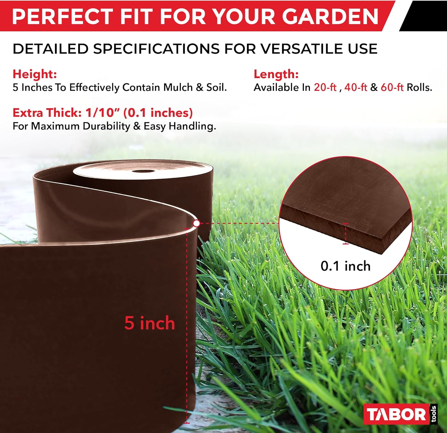 TABOR TOOLS 60 Ft Terrace Board, 5 Inch High, 0.1" Inch Thickness, Landscape Edging Coil, Grass Barrier, Bender Board, Garden Liner, ES35. (Brown)