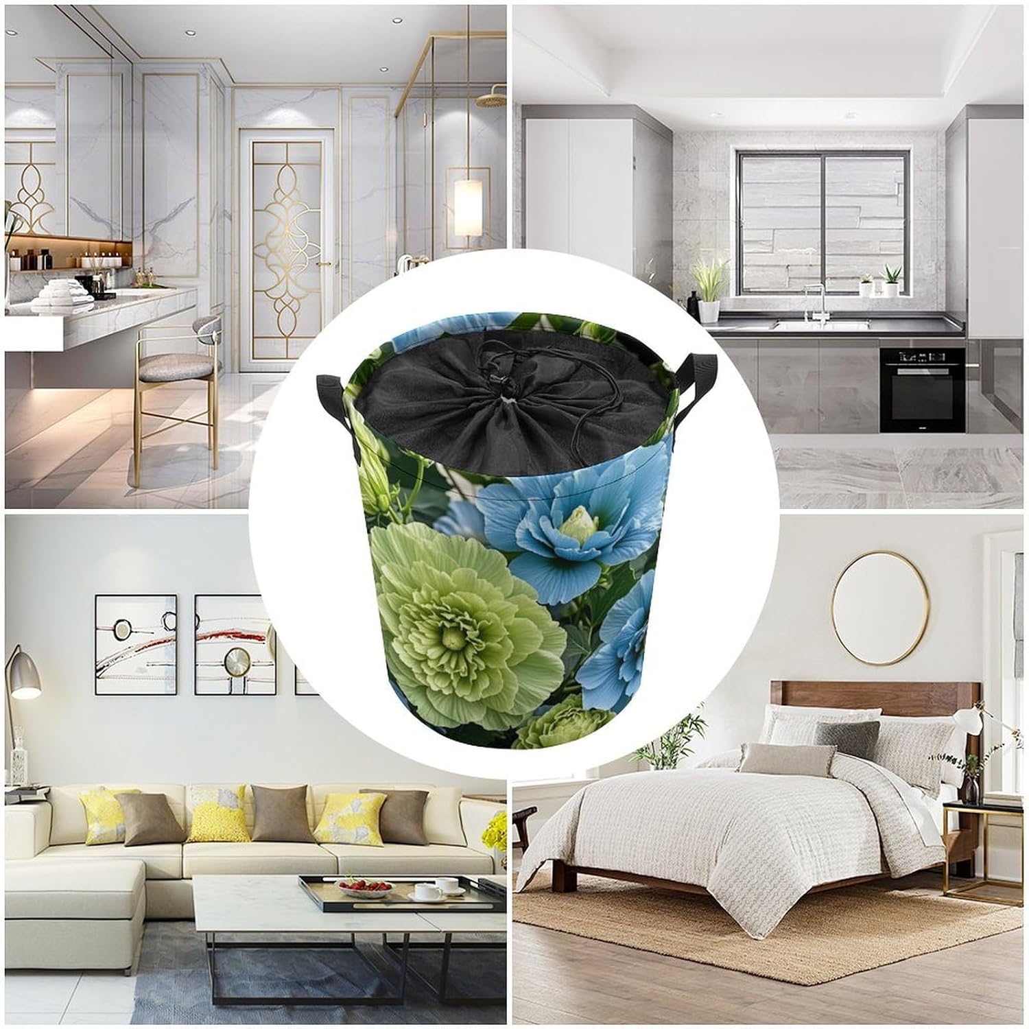 Green And Blue Hibiscus Flowers Laundry Bag Large Collapsible Laundry Baskets Freestanding Waterproof Clothes Hamper with Handles & Drawstring for Laundry Room Bedroom Bathroom