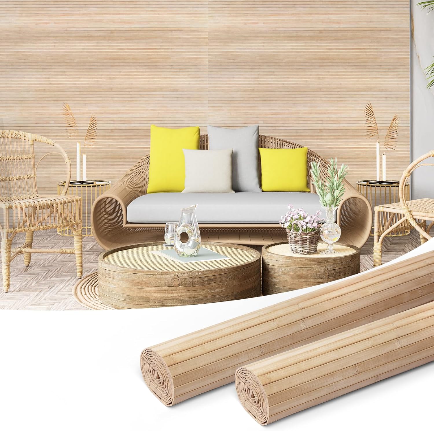 Art3d 48 x 96 Inch Natural Bamboo Wall Panel for Interior Wall Decor, Flexible Pole Wrap Wainscoting Wall Cladding Paneling for Living Room, Bedroom, Office, Kitchen Island, 2-Pack, Light-carbonized 2-48" x 96" Light-carbonized