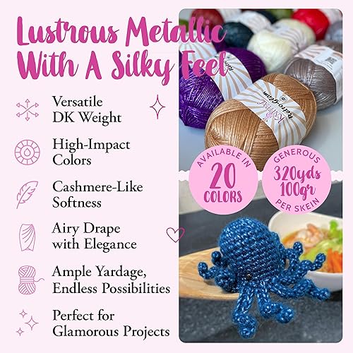 Miniatura 2 de Retro-Glam - Ovillo de lana metálico dorado para tejer, paquete de 4 unidades (1280 yardas14.11 oz), patrones libres, hilo brillante para tejer,