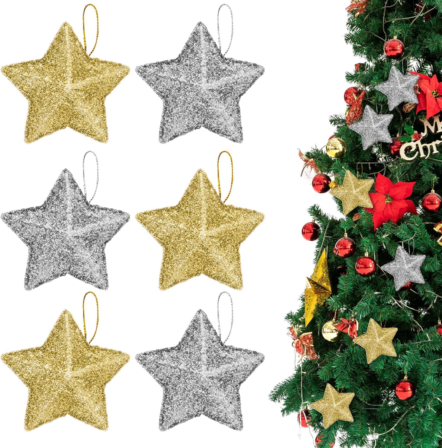 Christmas Tree Decorations, 12pcs Colorful Star Christmas Tree Hanging Decoration Small Glitter Xmas Star Pendant Tree Ornament Hanging Stars for Xmas Party New Year Holiday Decor Y7WJXGJ (goldsilver)