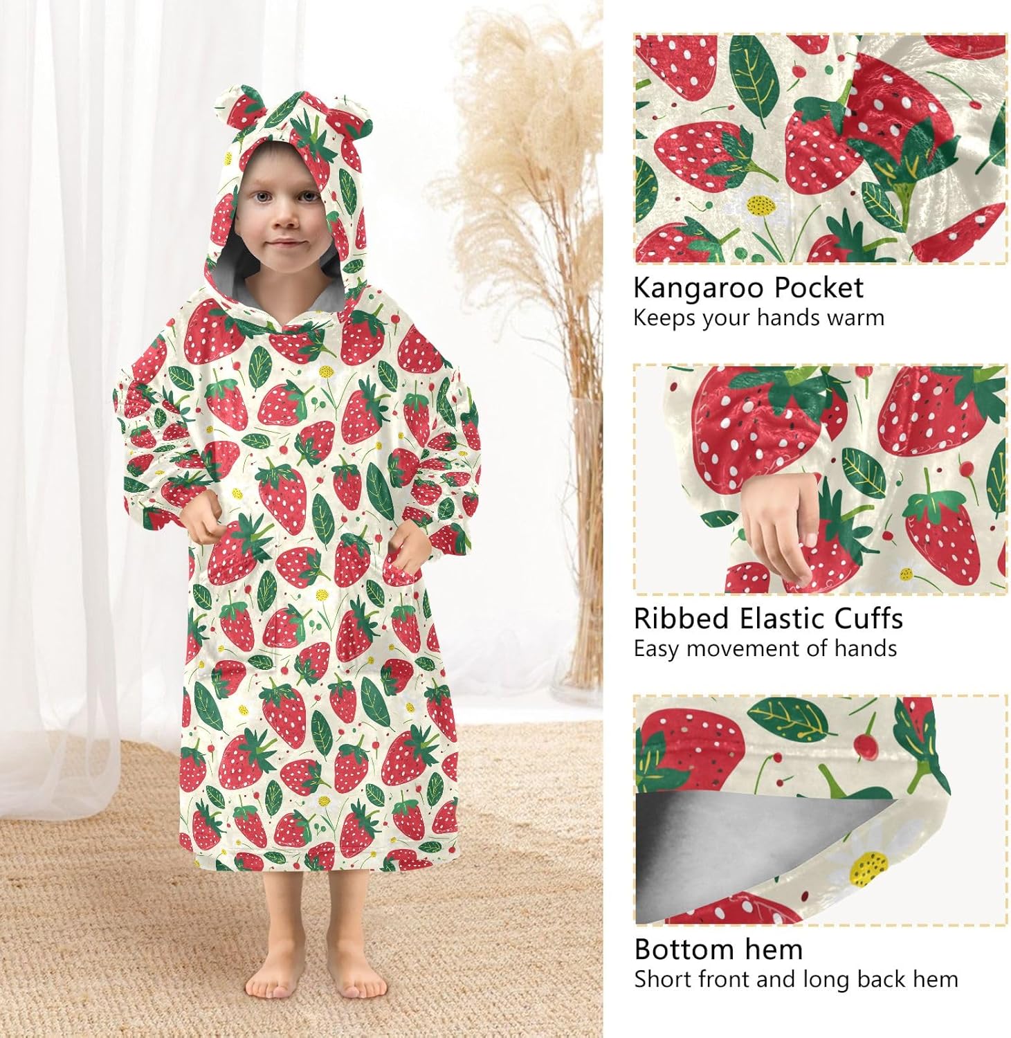 Fruit Strawberry Pattern Wearable Blankets for Kids, Soft Warm Cozy Blanket Hoodie for Boys Girls with Pocket