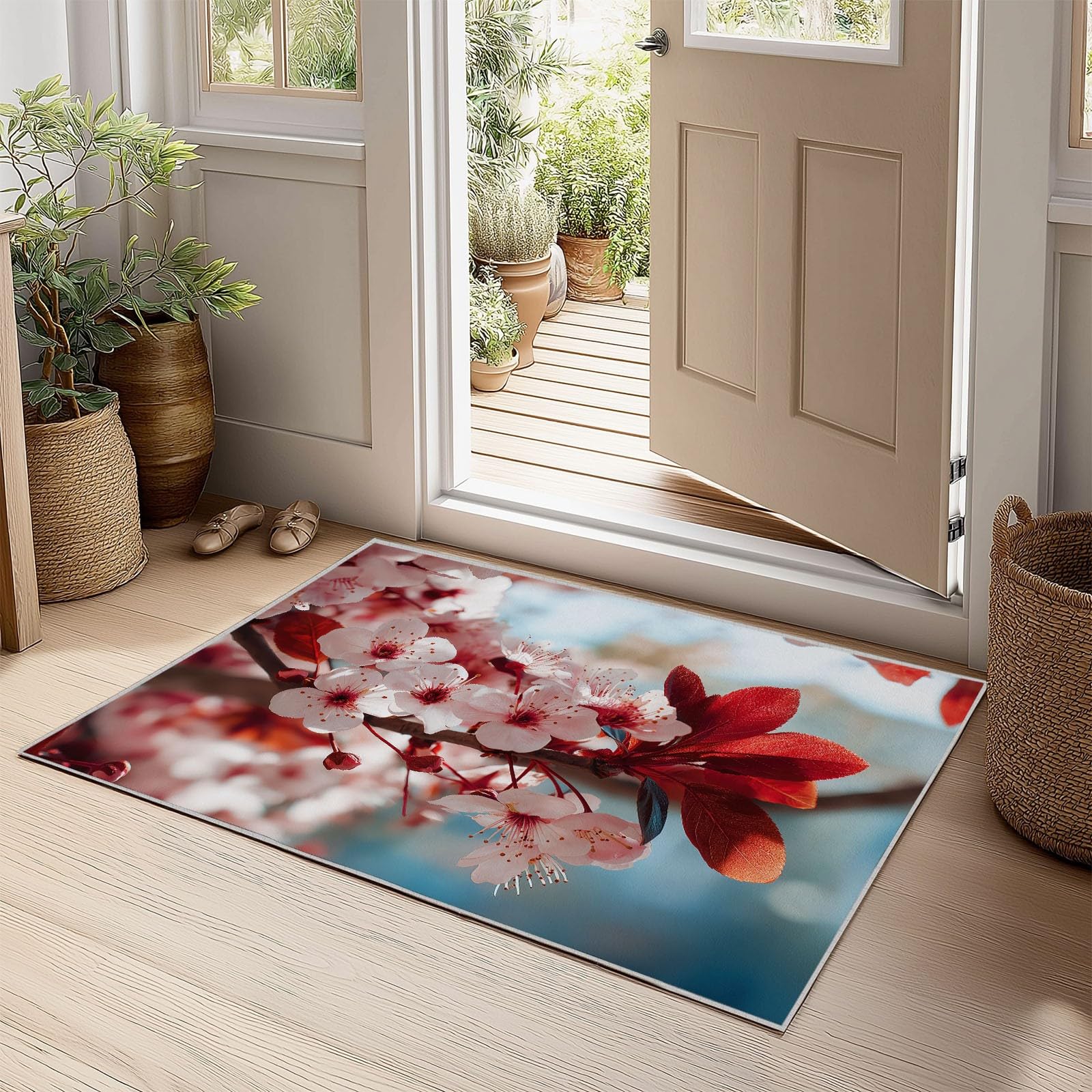 Dywan miękki, z krótkim włosiem, nowoczesny, z gałązkami, kwiatami, natura, fotografia, antypoślizgowy, nadaje się do prania, 80 x 150 cm, do sypialni, jadalni, pokoju dziecięcego, pokoju gościnnego