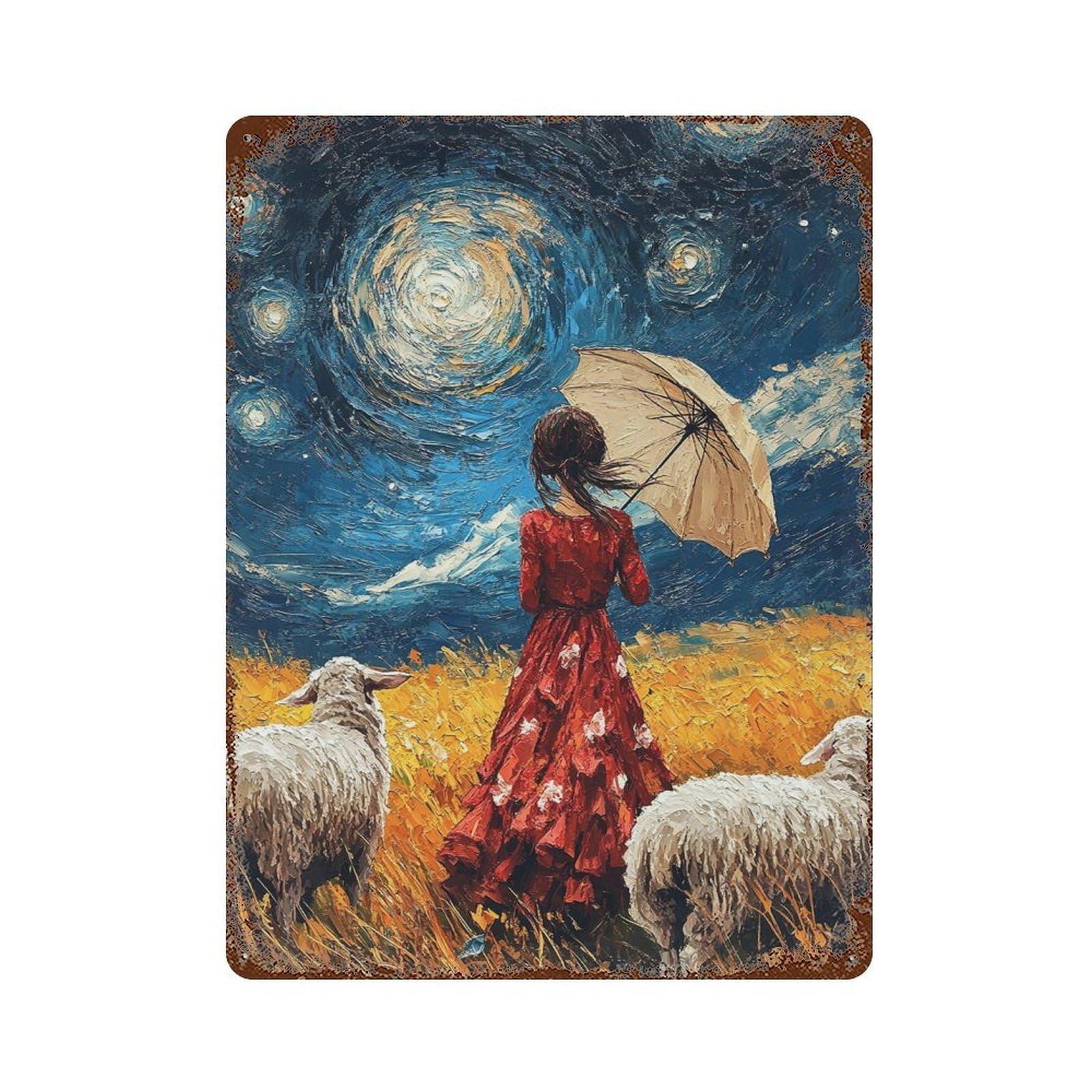 Rusty Metal Tin Sign with Starry Night Shepherdess Design 15.7"x11.8", for Farmhouse, Kitchen And Entryway Decor, Rustic Home Decor