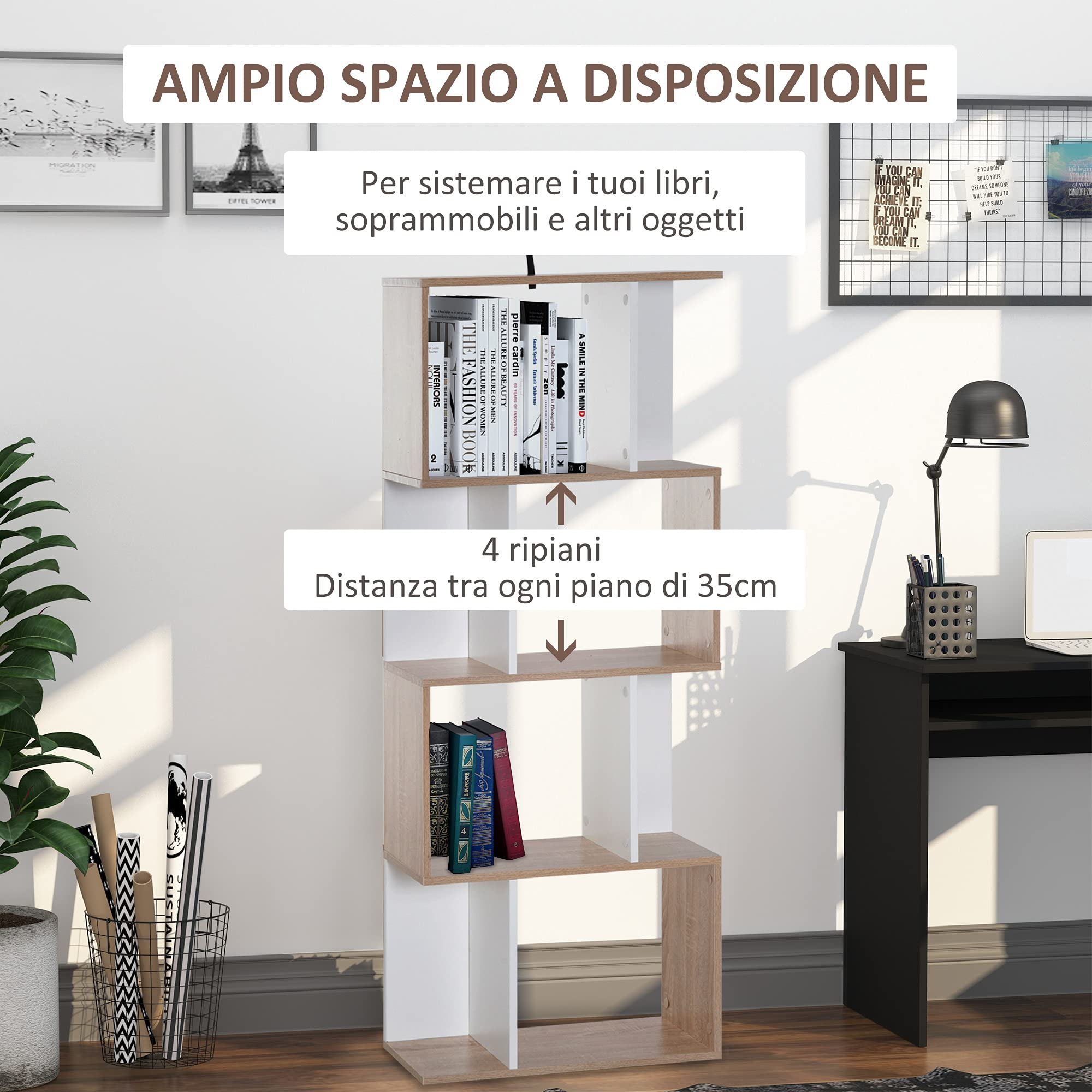 HOMCOM Libreria di Design Scaffale Ufficio Moderna 4 Ripiani 60×24×148cm | Legno