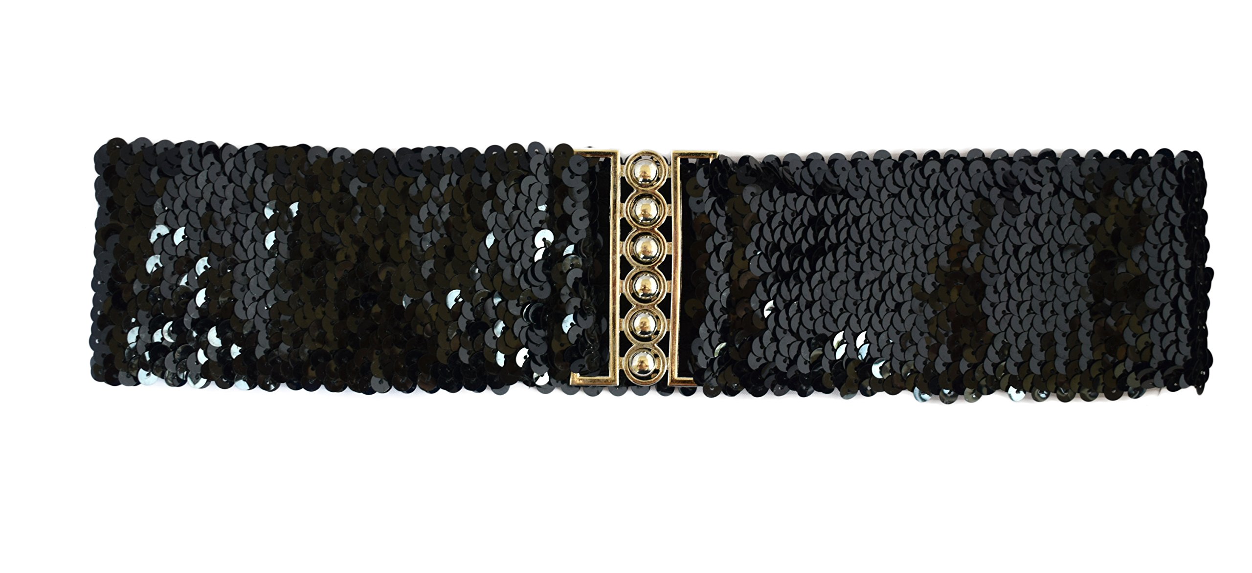 Ladies Women Elastic Stretch Buckle Style Shinning Sequin Waist Band Belt (Black)